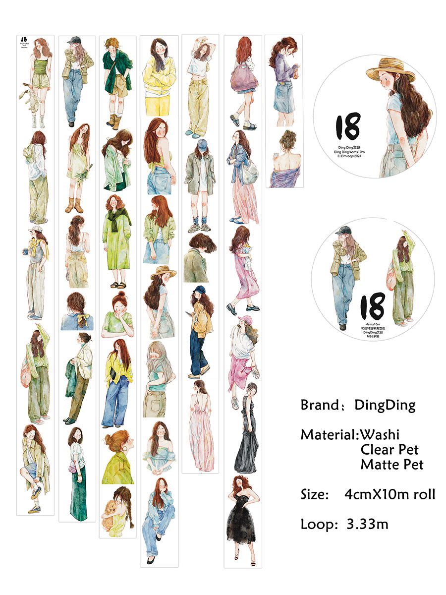 DingDing Vol6【18#】Original Character Design Vintage Casualness Girl Washi PET Tape Versatile Collage Material