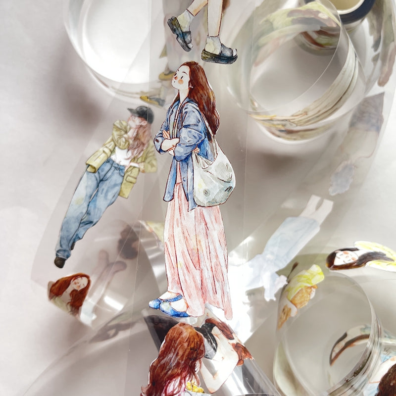 DingDing Vol6【18#】Original Character Design Vintage Casualness Girl Washi PET Tape Versatile Collage Material