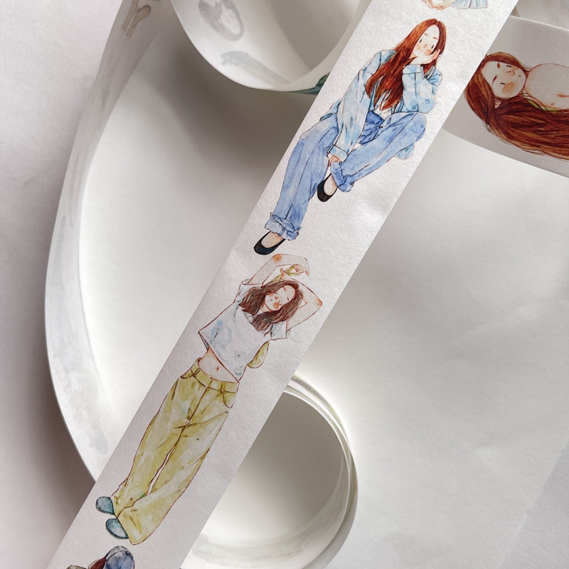 DingDing Vol6【18#】Original Character Design Vintage Casualness Girl Washi PET Tape Versatile Collage Material