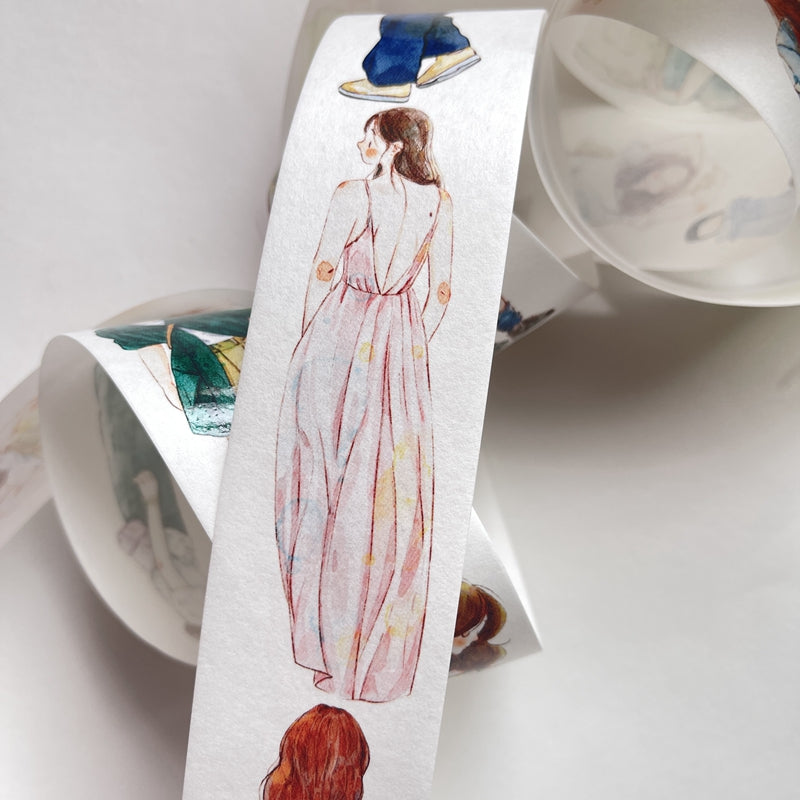 DingDing Vol6【18#】Original Character Design Vintage Casualness Girl Washi PET Tape Versatile Collage Material