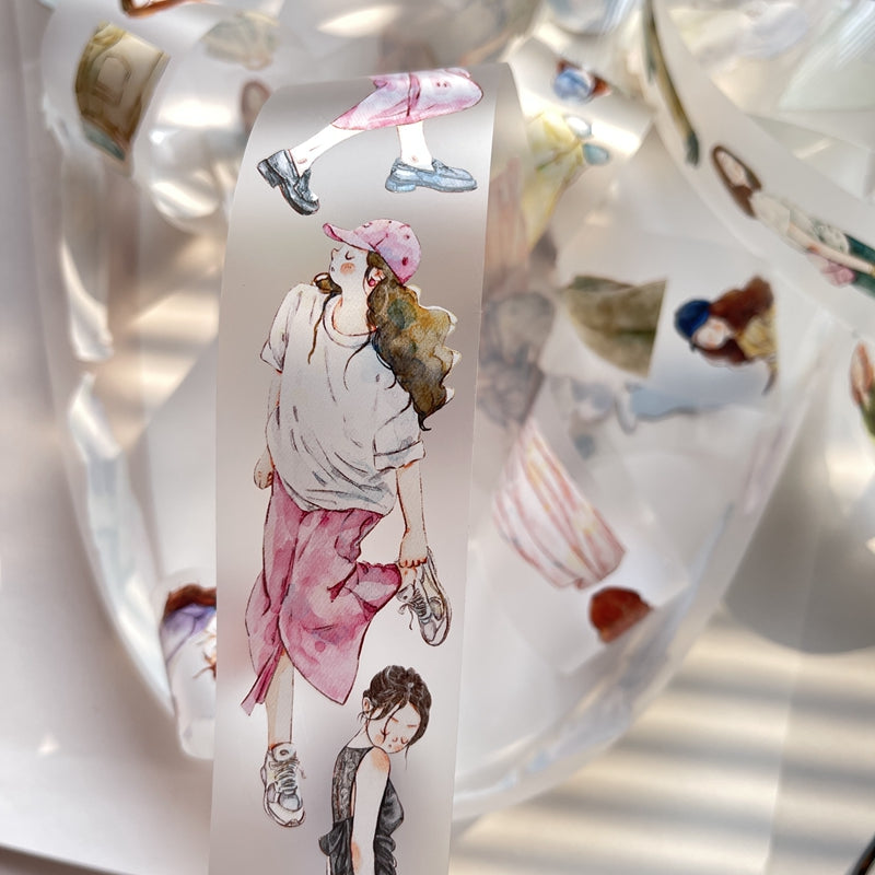 DingDing Vol6【18#】Original Character Design Vintage Casualness Girl Washi PET Tape Versatile Collage Material