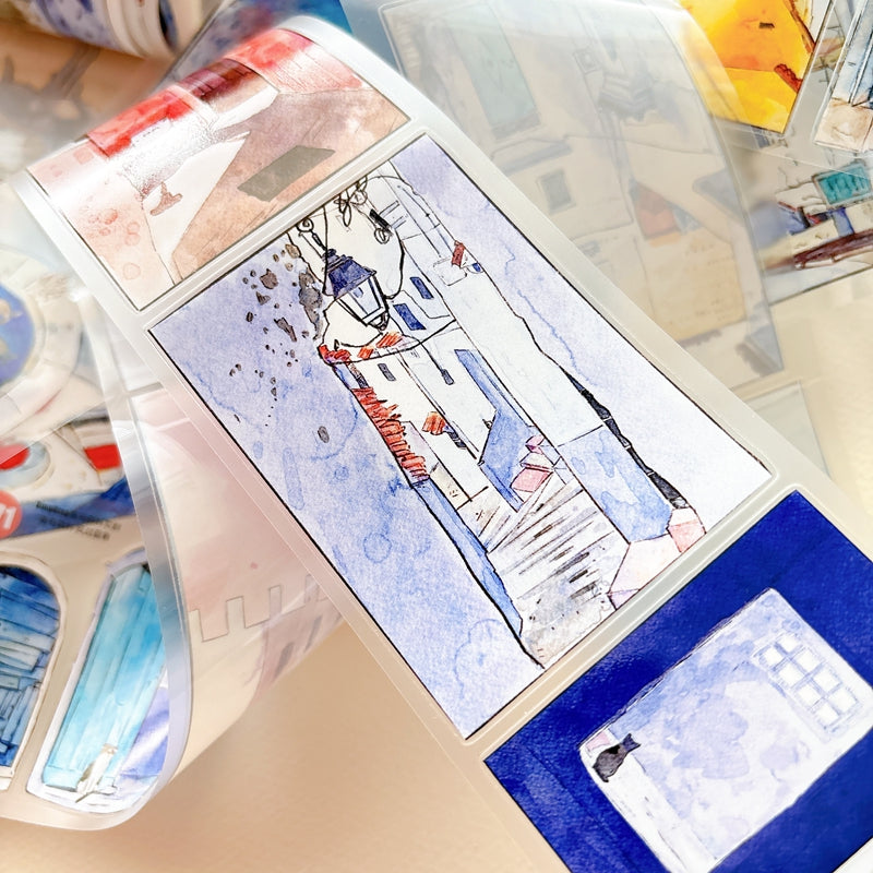 Seahorse Forest Vol11【A71#Wind Passes through Blue Lane】Vintage Scene Original Design Pre-Cut Washi/PET Tape Stickers,for Scrapbook Supplies,Junk Journal Supplies