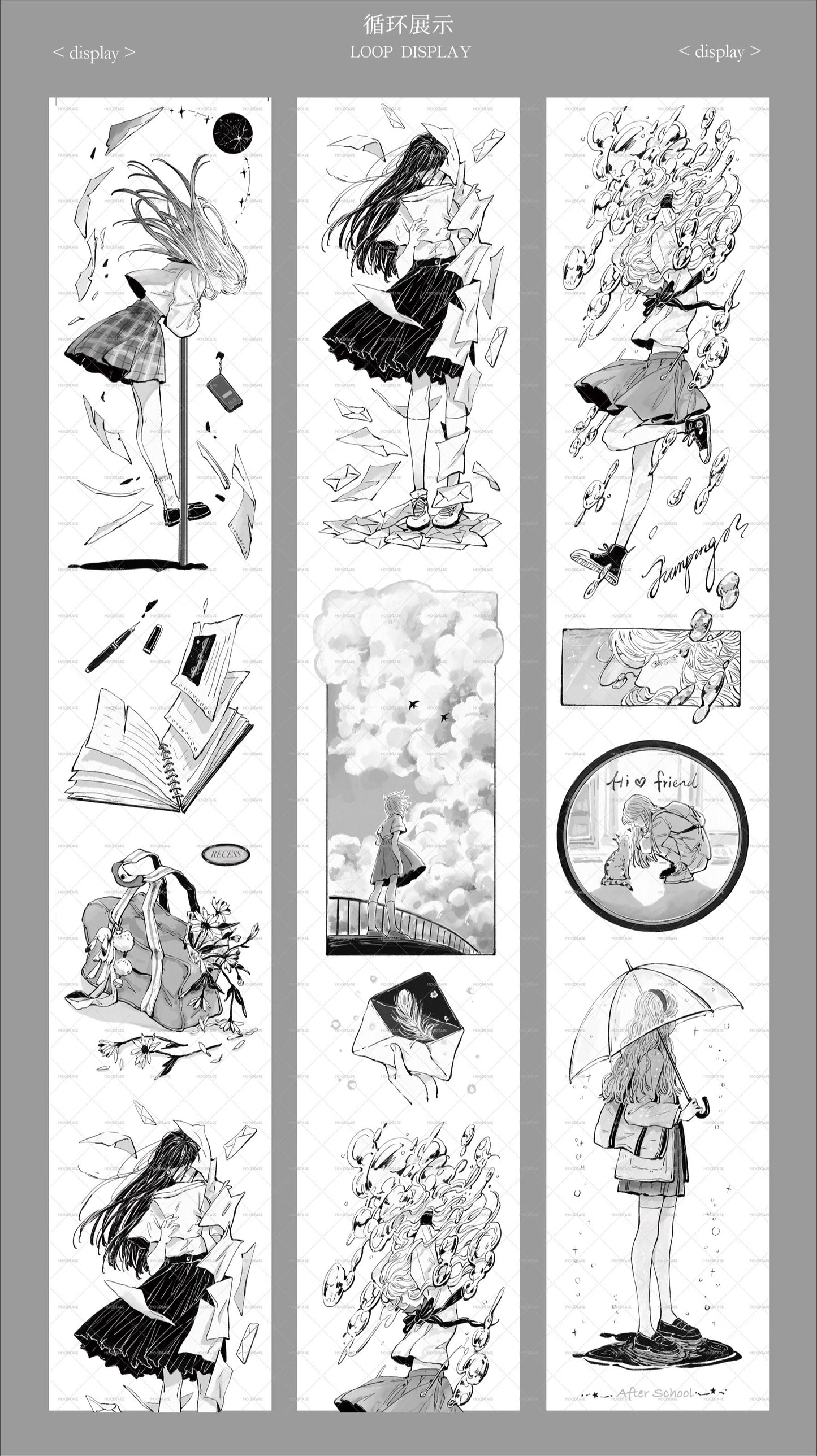 Moodtape【Pure Grid Pattern&Wind Blows Thoughts&Blue Seasons&Bright Sunshine】Cute Character Original Washi Tape Stickers,for Scrapbook Supplies,Scrapbook Tape Stickers,Junk Journal Supplies