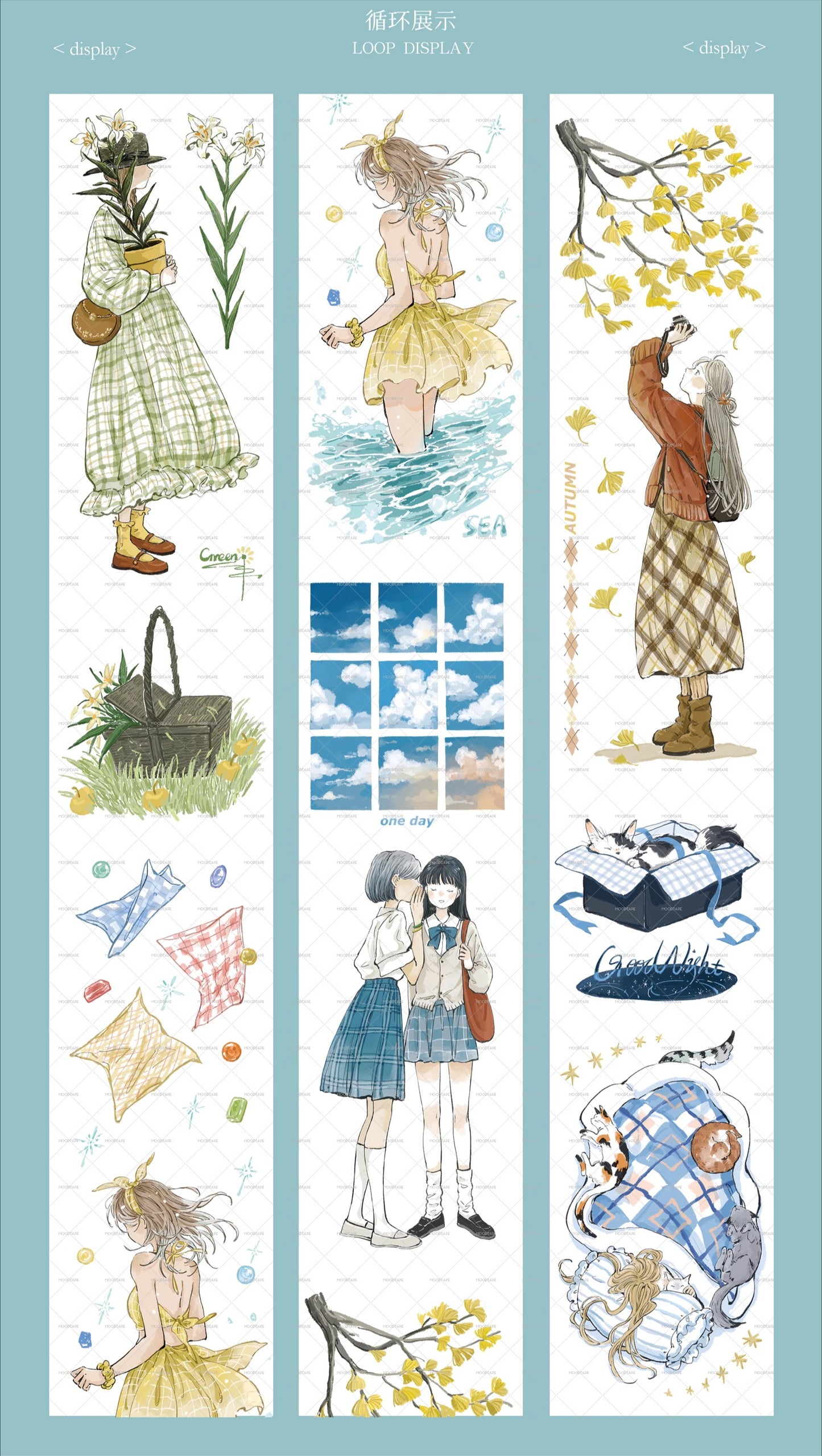 Moodtape【Pure Grid Pattern&Wind Blows Thoughts&Blue Seasons&Bright Sunshine】Cute Character Original Washi Tape Stickers,for Scrapbook Supplies,Scrapbook Tape Stickers,Junk Journal Supplies