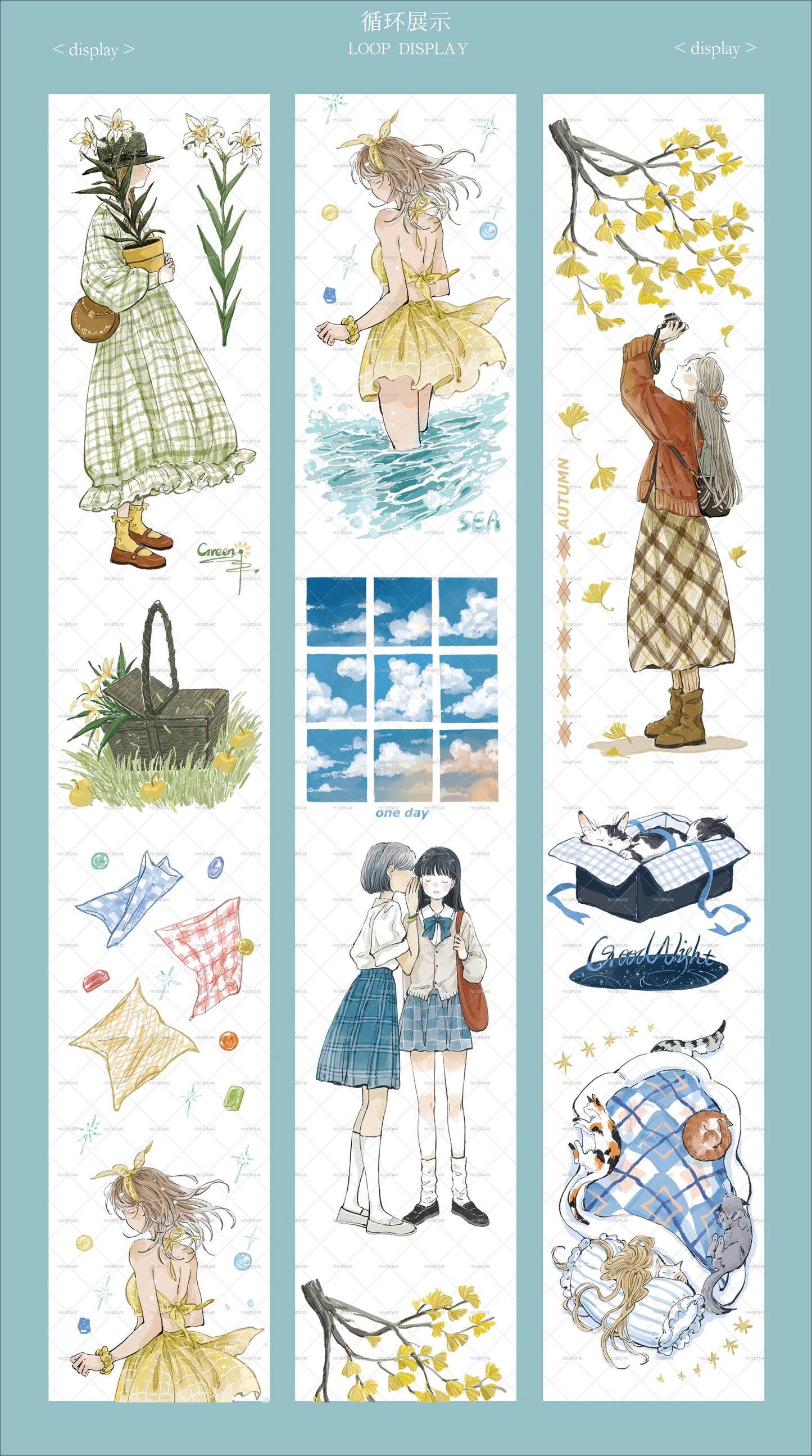 Moodtape【Pure Grid Pattern&Wind Blows Thoughts&Blue Seasons&Bright Sunshine】Cute Character Original Washi Tape Stickers,for Scrapbook Supplies,Scrapbook Tape Stickers,Junk Journal Supplies