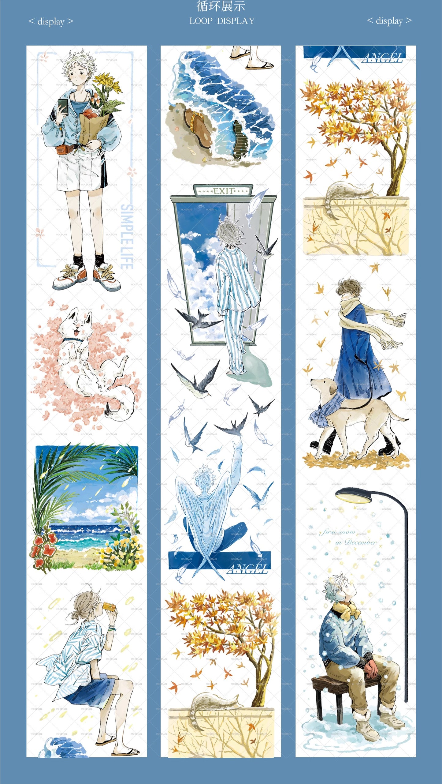 Moodtape【Pure Grid Pattern&Wind Blows Thoughts&Blue Seasons&Bright Sunshine】Cute Character Original Washi Tape Stickers,for Scrapbook Supplies,Scrapbook Tape Stickers,Junk Journal Supplies