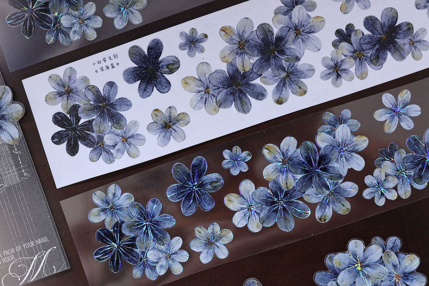 XiaoBaiJia【Deep Blue】Light Retro Blue-Black Flower Orginal Design Washi Pet Floral Tape Landscaping Stickers