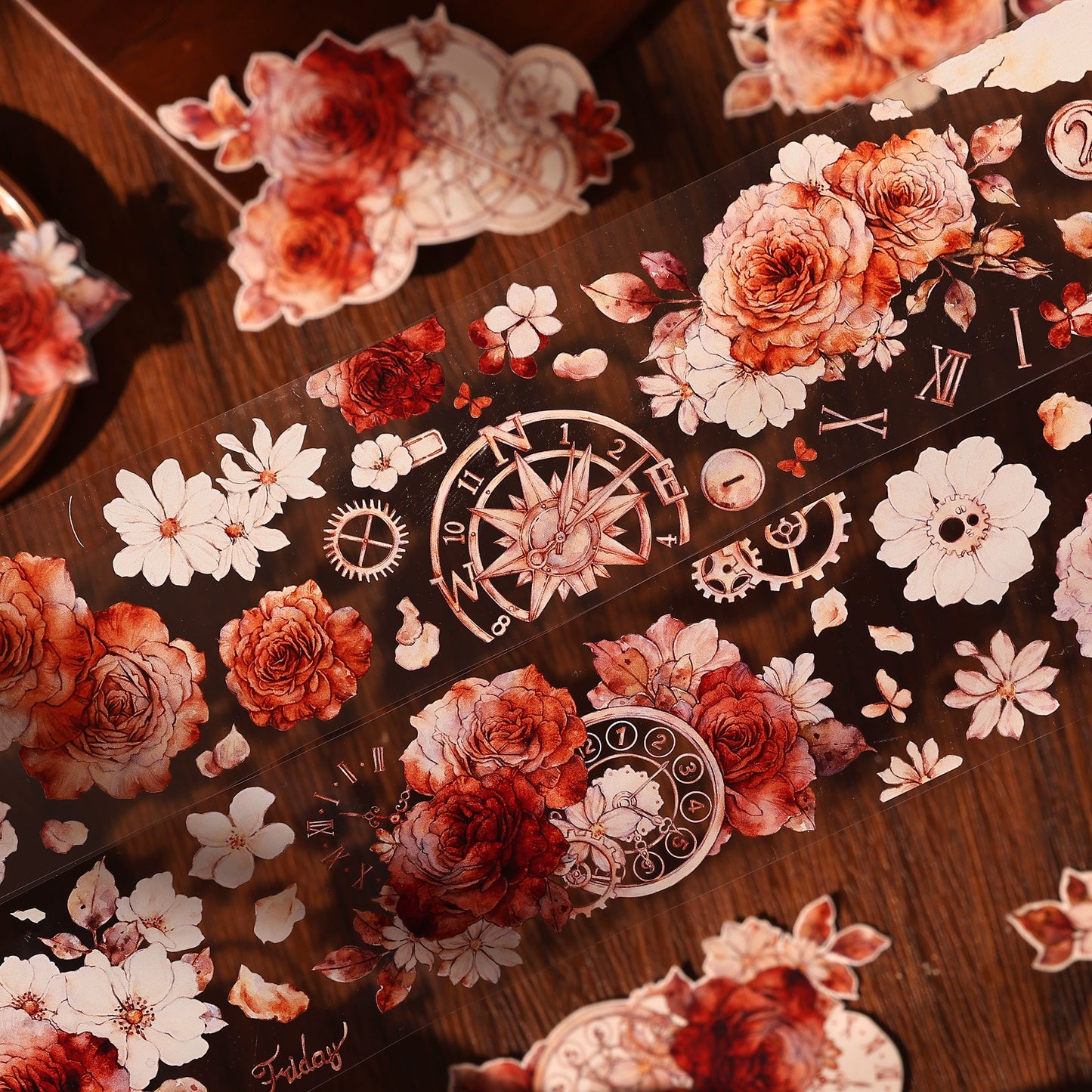 XiaoBaiJia【Flower Language Time】Light Retro Gear Red Moon Season Follower Orginal Design Washi Pet Tape Landscaping Stickers