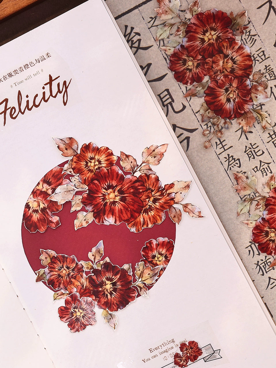 XiaoBaiJia【Hollyhock】Light Retro Red Orange Large and Small Flowers Orginal Design Washi Pet Tape Landscaping Stickers