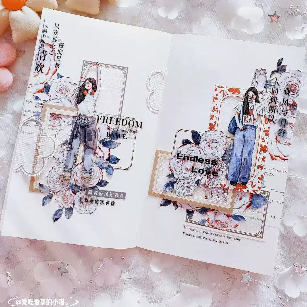 Kaixiaoxun Vol9 【Spring is Shallow】 Pre-Cut Long Loop Washi/Matte PET Tape for Scrapbook Supplies,Junk Journal Supplies