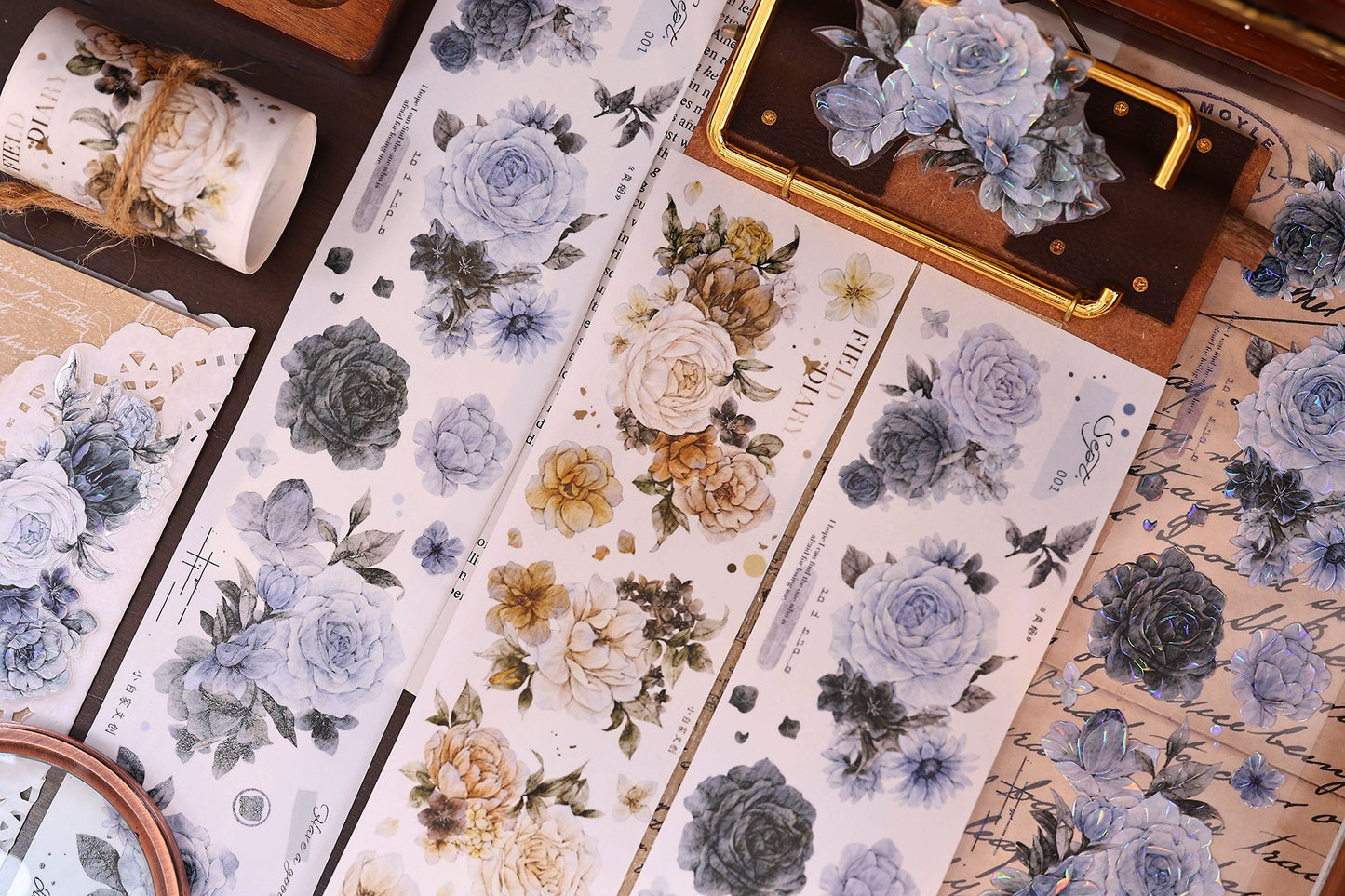 XiaoBaiJia【LanYan / Caramel Latte】Light Retro Flower Orginal Design Washi Pet Floral Tape Landscaping Stickers