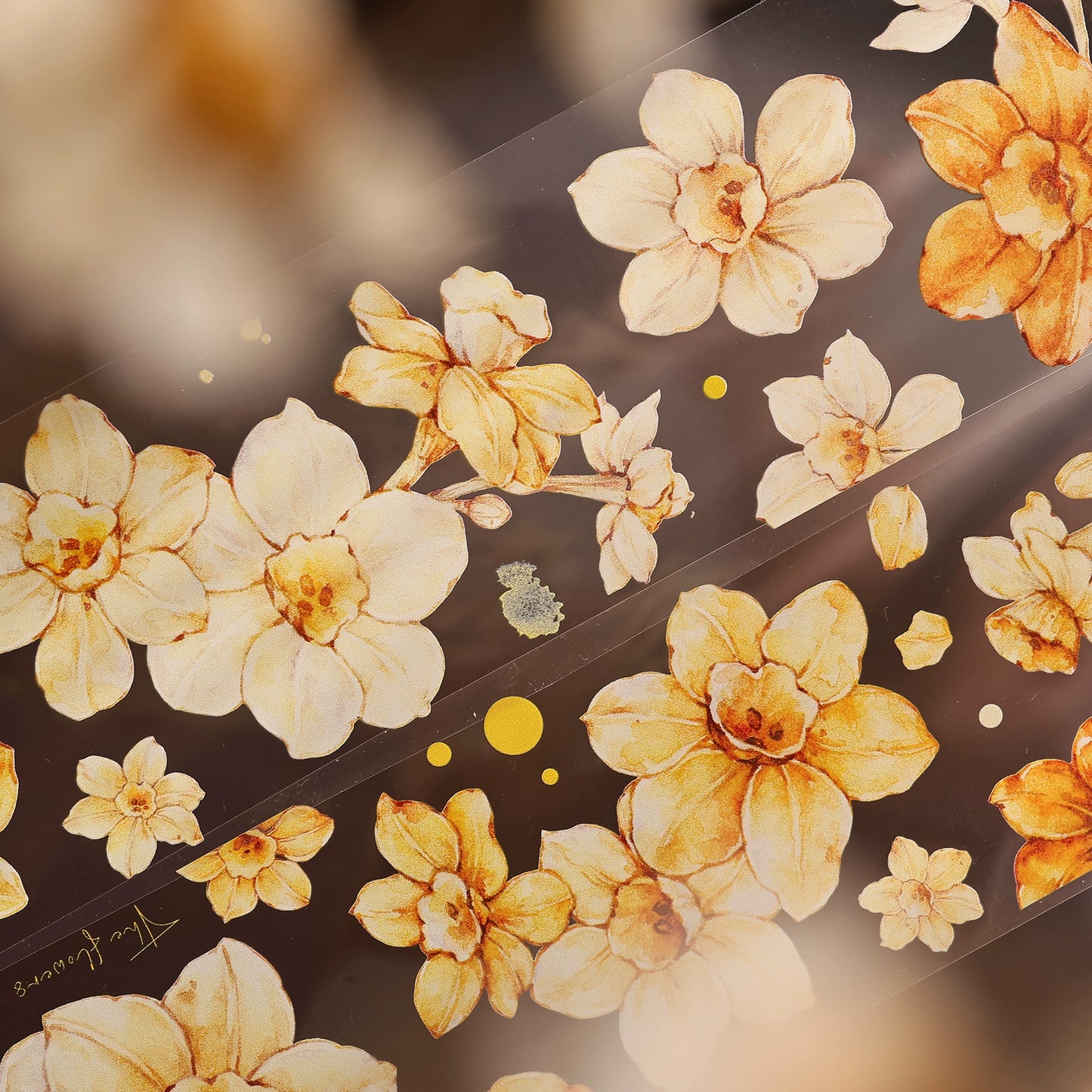 XiaoBaiJia【Narcissus】Light Retro Orange Yellow Big and Small Flowers Orginal Design Washi Pet Tape Landscaping Stickers