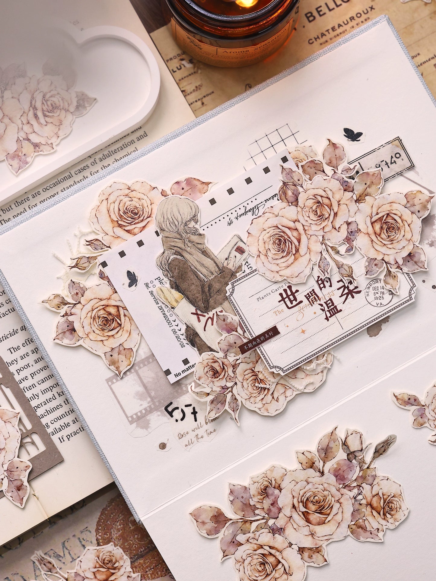 XiaoBaiJia【Gentle Under the Moon】Light Retro Orginal Design Washi Pet Chinese Rose Floral Tape Light Retro Landscaping Stickers