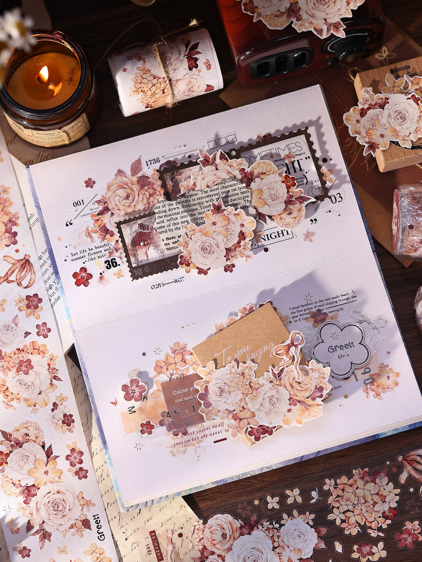 XiaoBaiJia【Tea Dyeing】Light Retro Flowers Orginal Design Washi Pet Tape Stickers