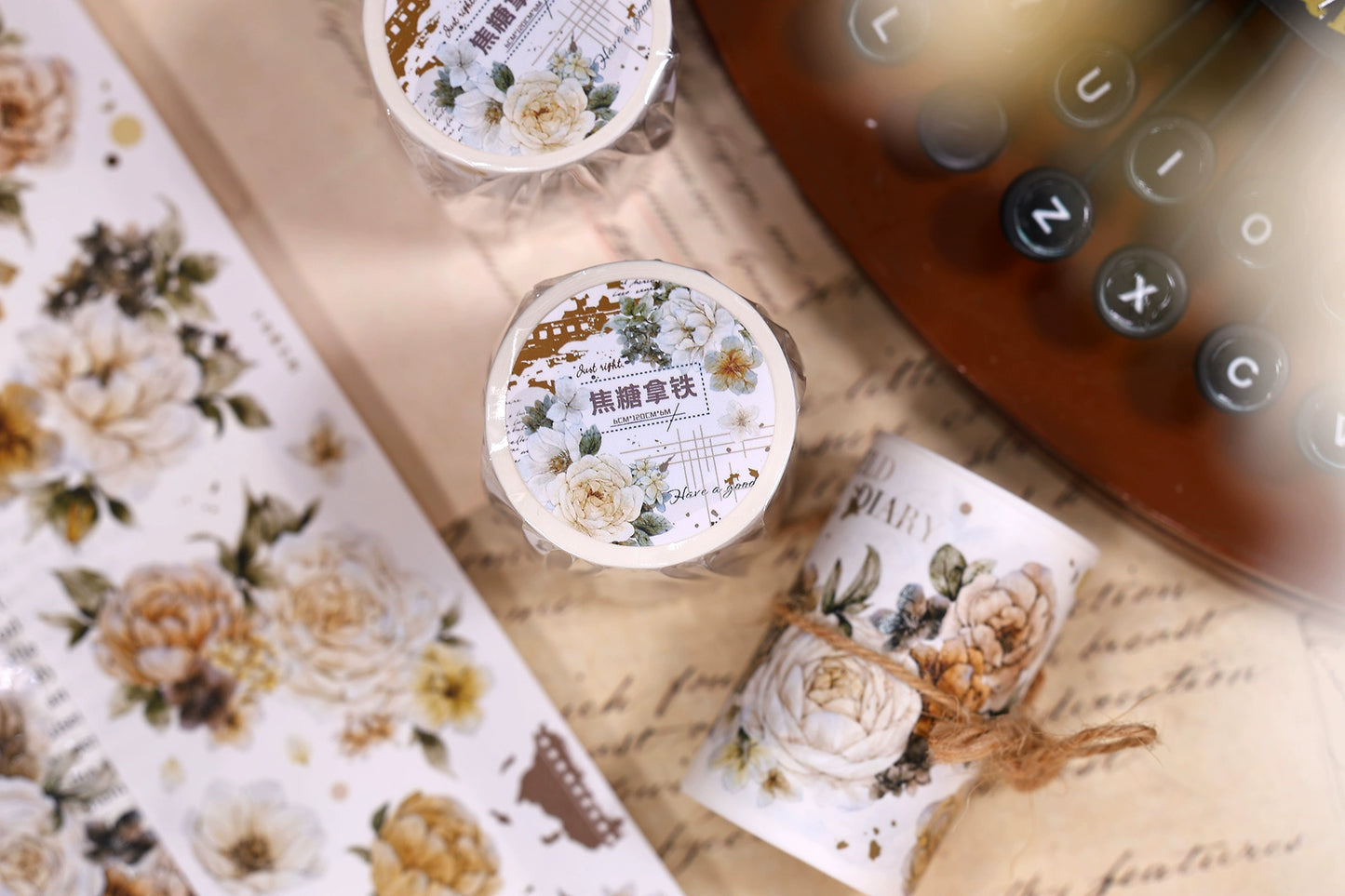 XiaoBaiJia【LanYan / Caramel Latte】Light Retro Flower Orginal Design Washi Pet Floral Tape Landscaping Stickers