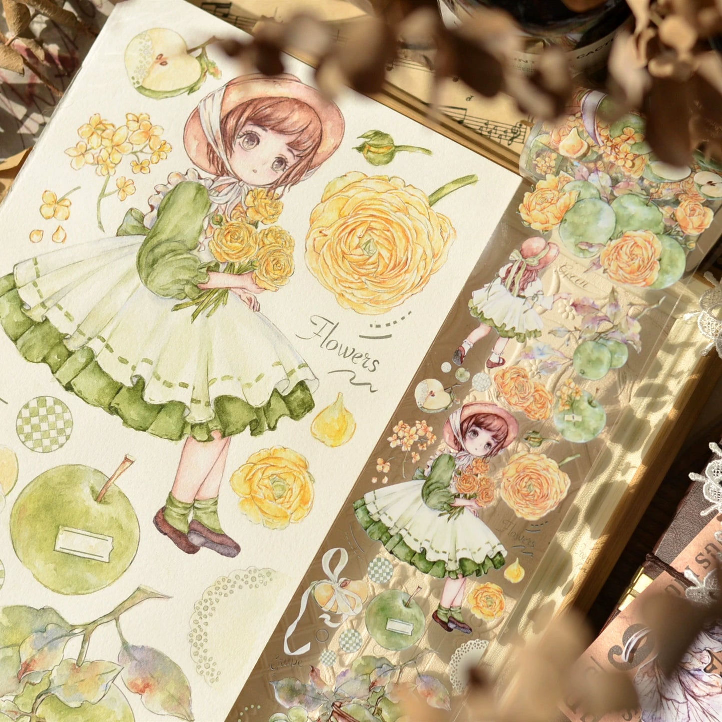 XiaoBaiJia【Initial Blue】Light Retro Peony Flowers and Fresh Apples Orginal Design Washi Pet Tape Landscaping Stickers
