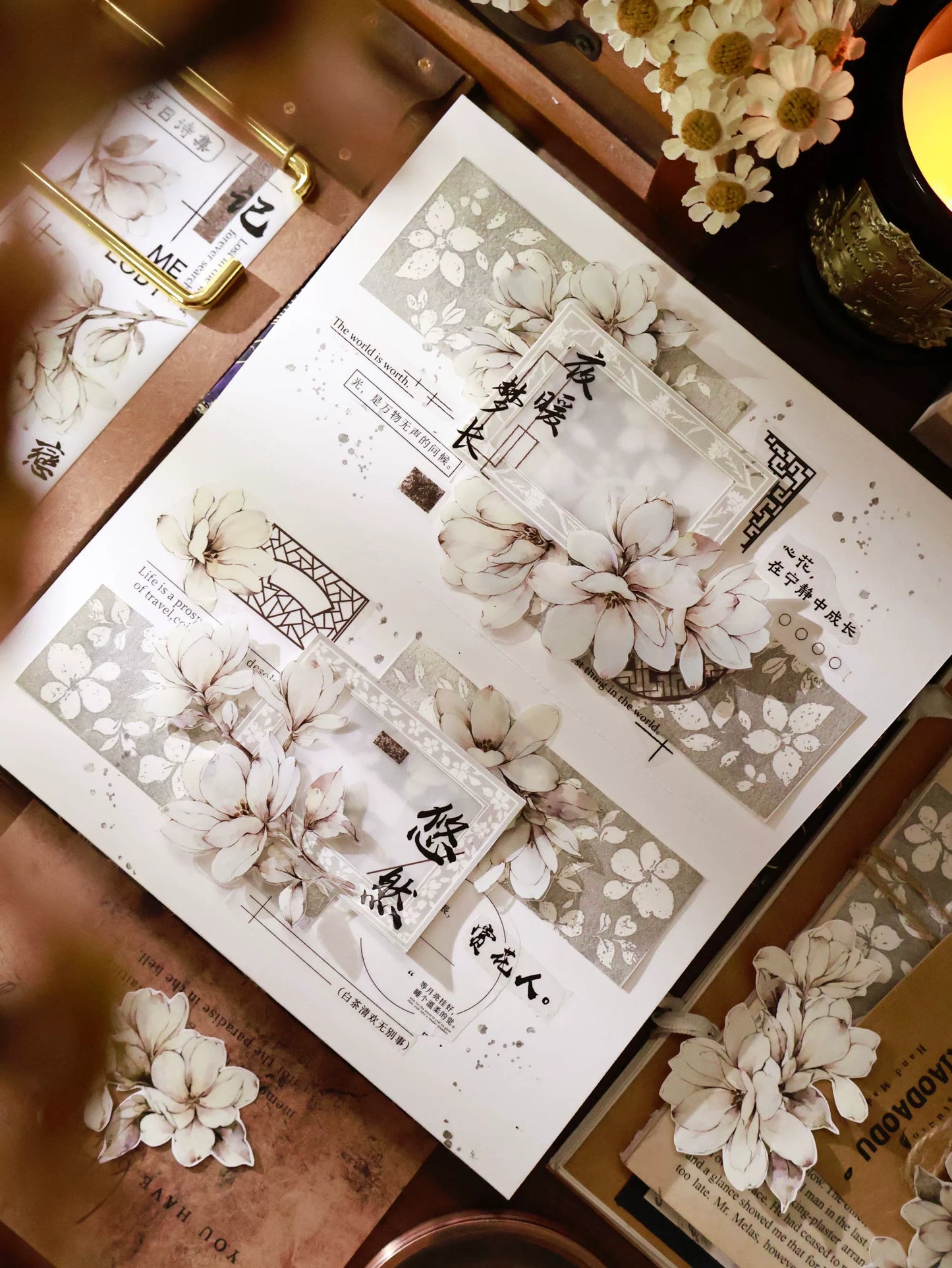 YiEr Vol14【Moon Condensation Fragrance】Ancient Style Magnolia Floral Washi Tape and PET Stickers