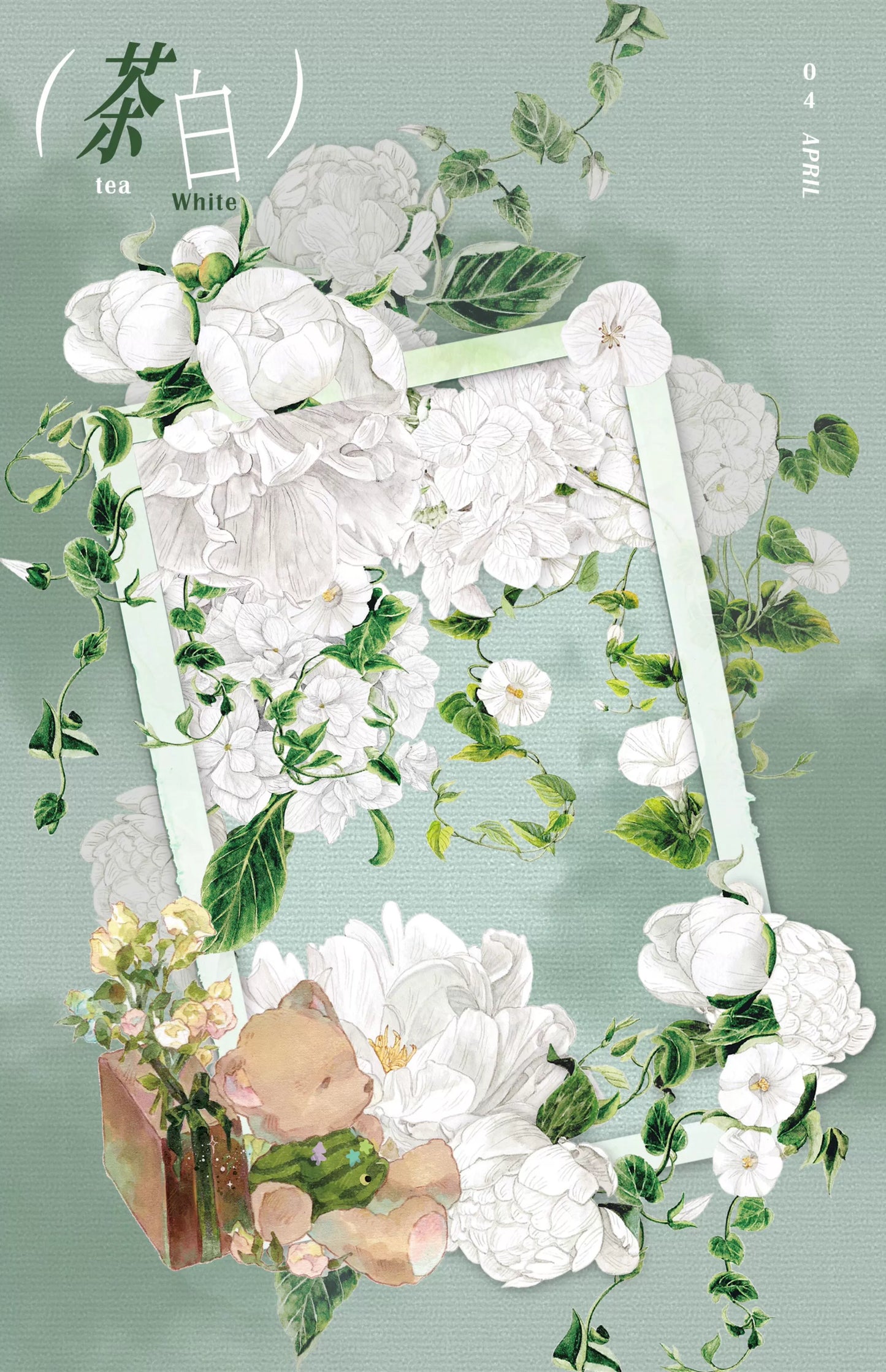 Moodtape【Tea White Camellia】Flower Landscap Original Design Washi/Pet Tape Stickers,for Scrapbook Supplies,Scrapbook Tape Stickers,Junk Journal Supplies
