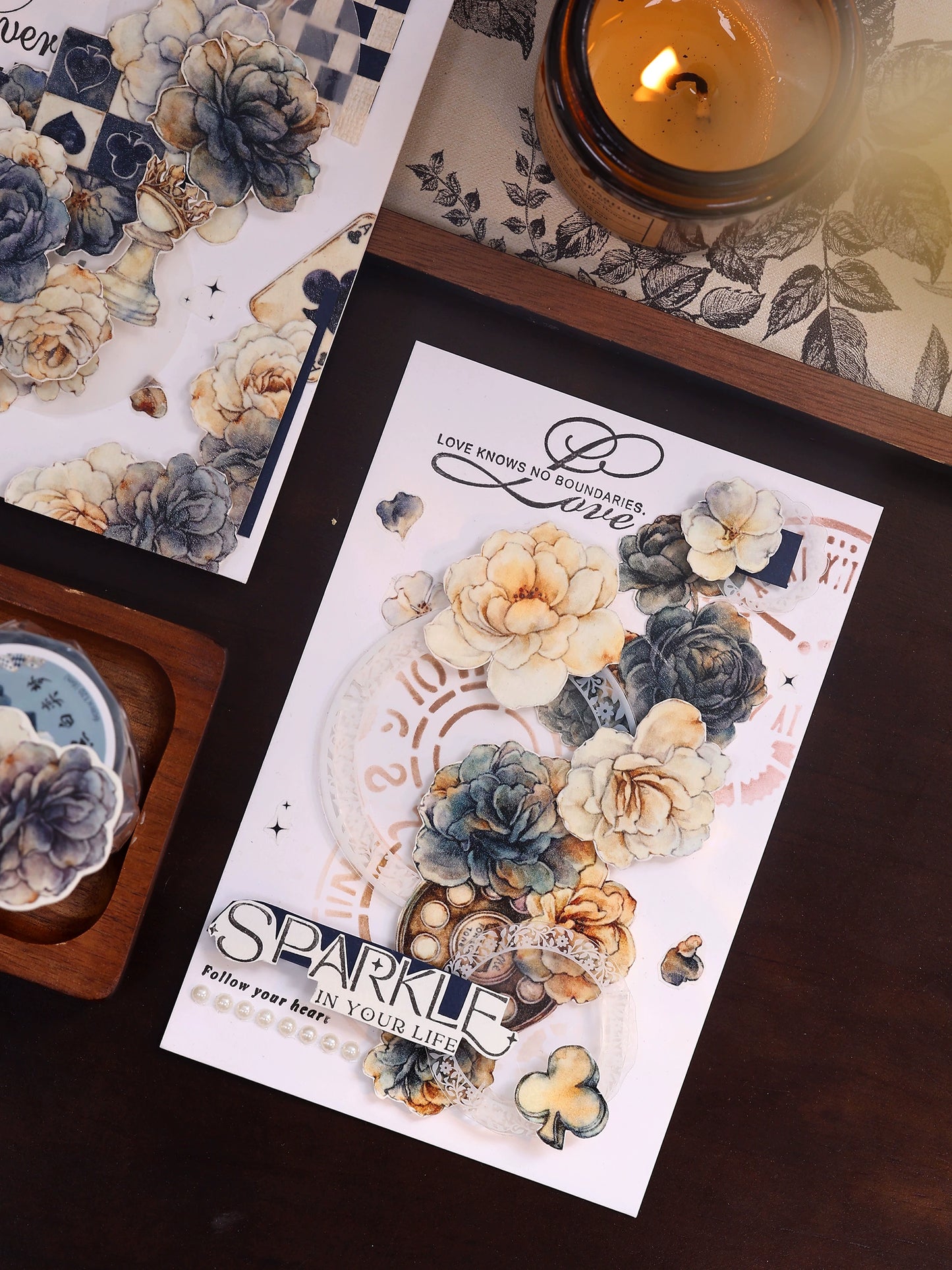 XiaoBaiJia【Black and White Dream】Light Retro Rose Black and White Follower Orginal Design Washi Pet Tape Landscaping Stickers