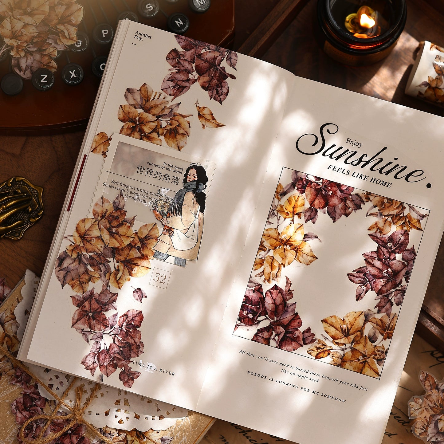 XiaoBaiJia【Bougainvillea Follower】Light Retro Tea Brown Flower Orginal Design Washi Pet Floral Tape Landscaping Stickers