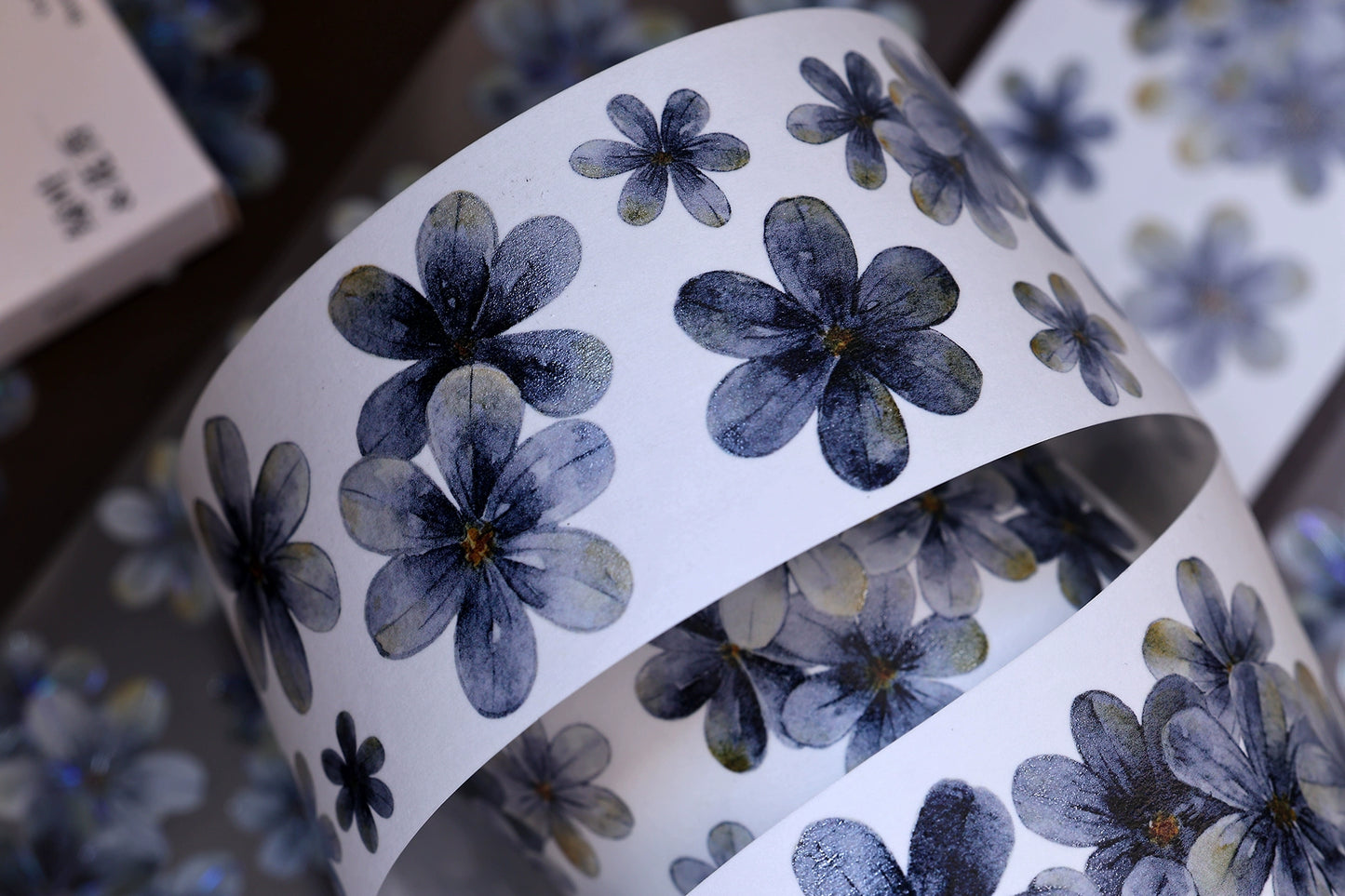 XiaoBaiJia【Deep Blue】Light Retro Blue-Black Flower Orginal Design Washi Pet Floral Tape Landscaping Stickers