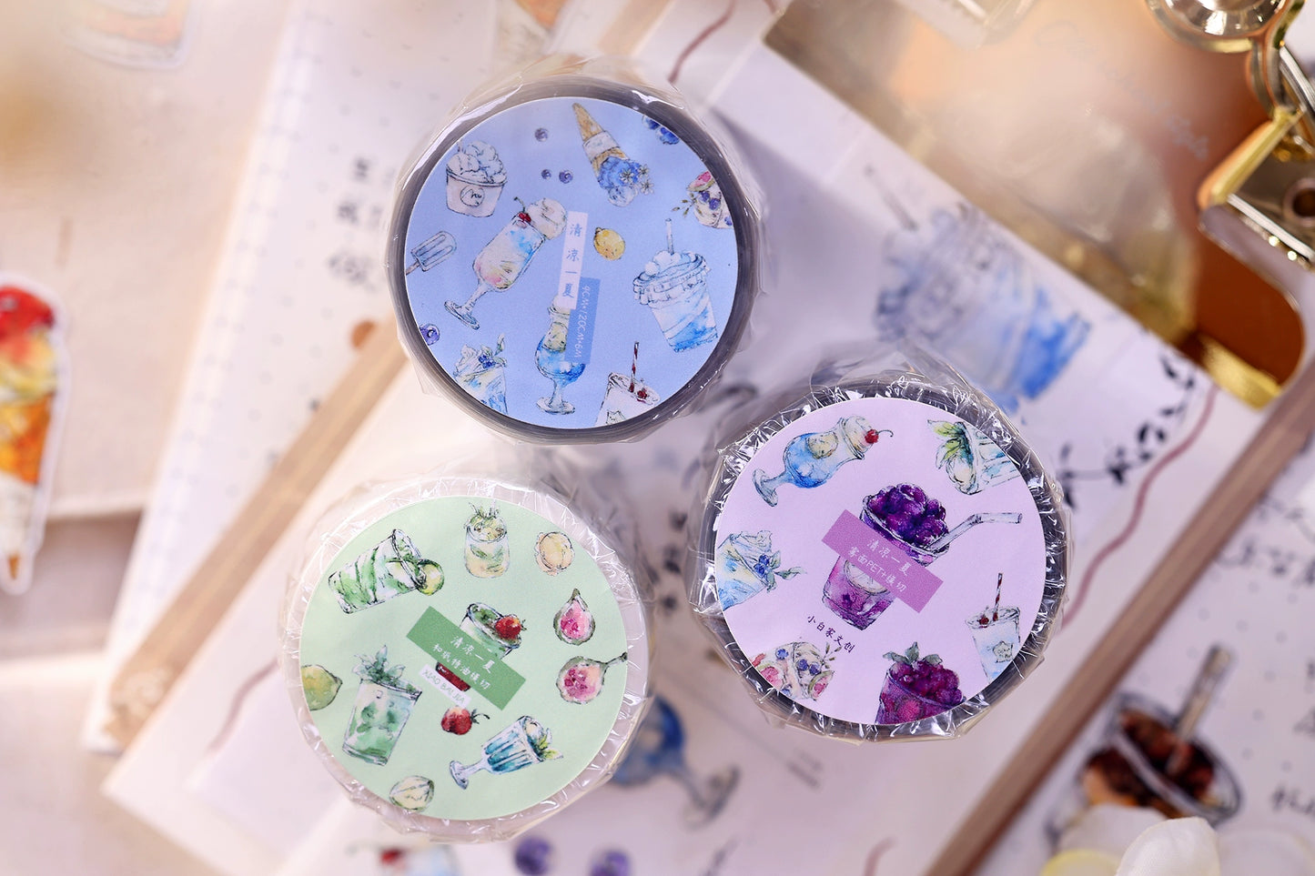 XiaoBaiJia Minimalist Style【Cool Summer】Drink Milk Tea,Pre-cut Light Retro Orginal Design Washi Pet Tape Landscape Stickers