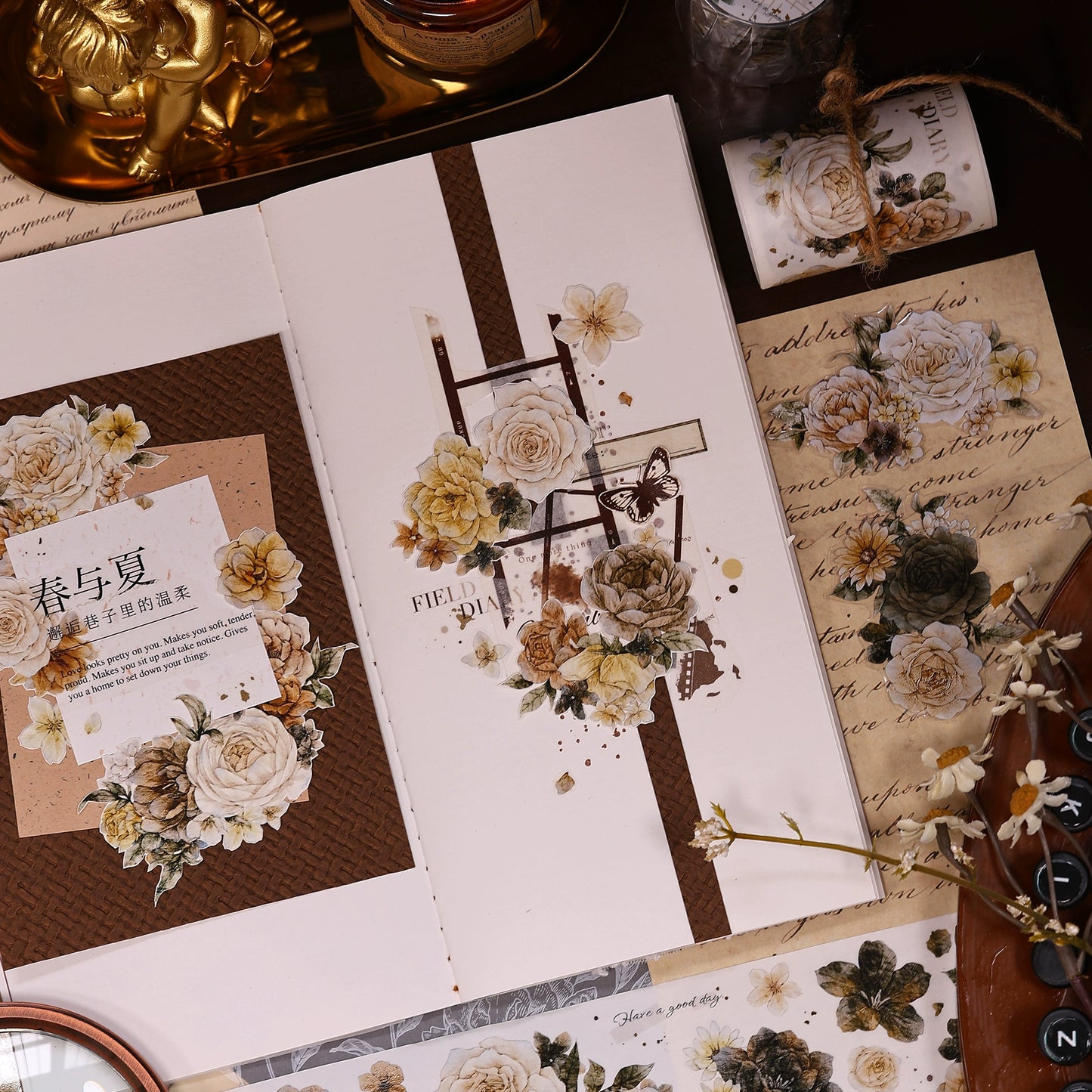 XiaoBaiJia【LanYan / Caramel Latte】Light Retro Flower Orginal Design Washi Pet Floral Tape Landscaping Stickers