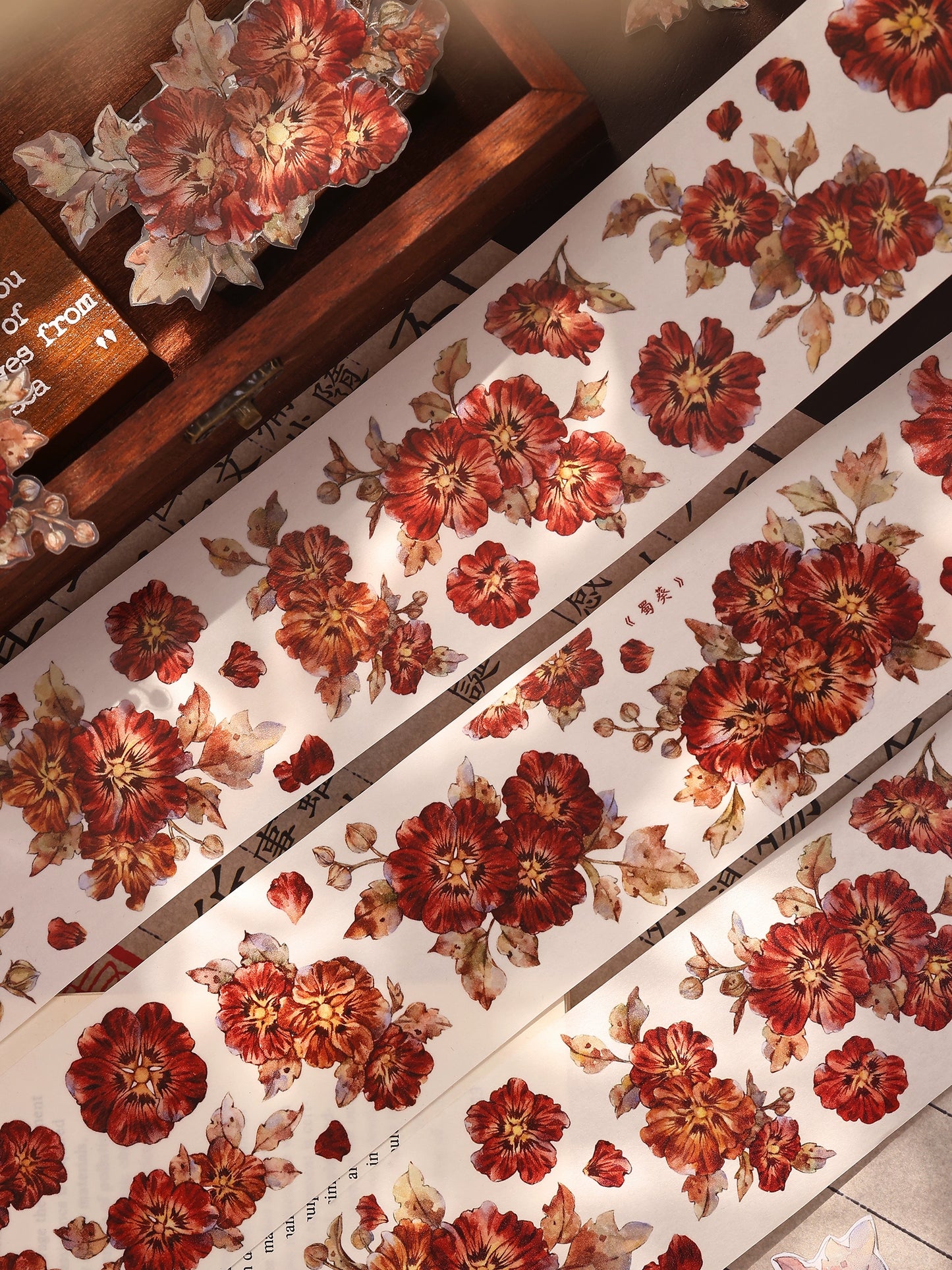 XiaoBaiJia【Hollyhock】Light Retro Red Orange Large and Small Flowers Orginal Design Washi Pet Tape Landscaping Stickers
