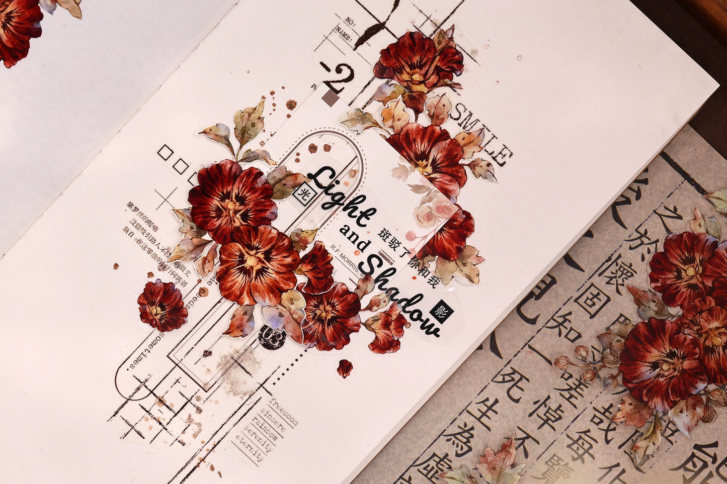XiaoBaiJia【Hollyhock】Light Retro Red Orange Large and Small Flowers Orginal Design Washi Pet Tape Landscaping Stickers