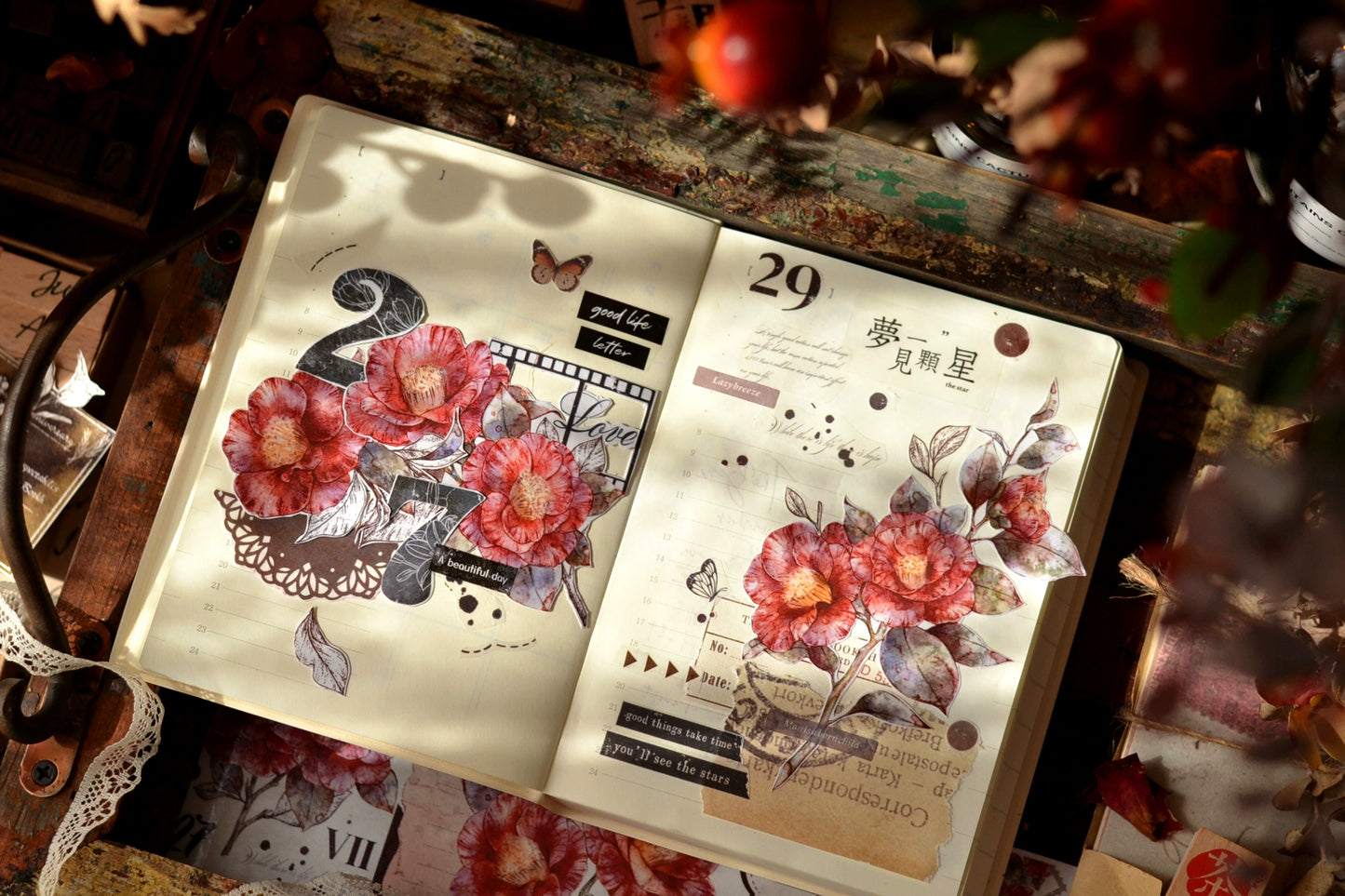 XiaoBaiJia【Red Tea】Light Retro Orginal Design Washi Pet Floral Tape Light Retro Landscaping Stickers