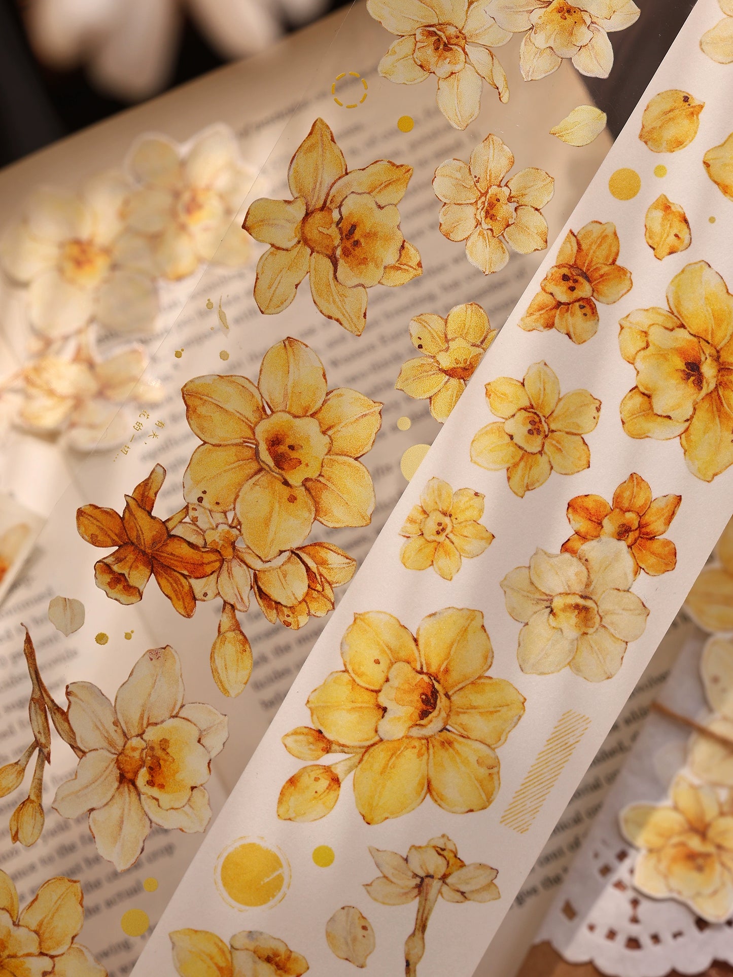 XiaoBaiJia【Narcissus】Light Retro Orange Yellow Big and Small Flowers Orginal Design Washi Pet Tape Landscaping Stickers