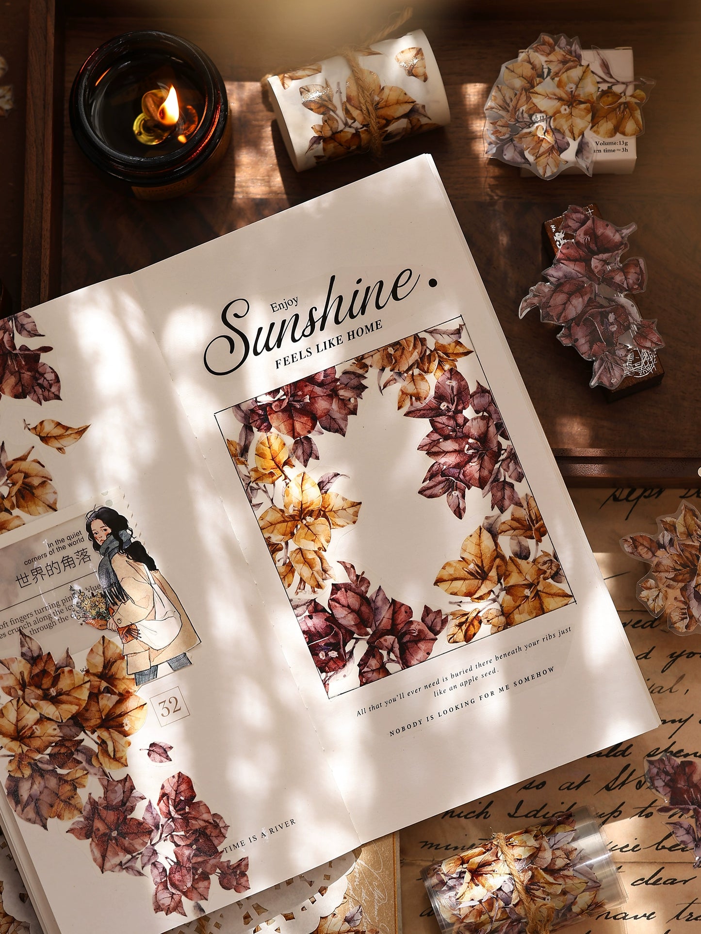 XiaoBaiJia【Bougainvillea Follower】Light Retro Tea Brown Flower Orginal Design Washi Pet Floral Tape Landscaping Stickers