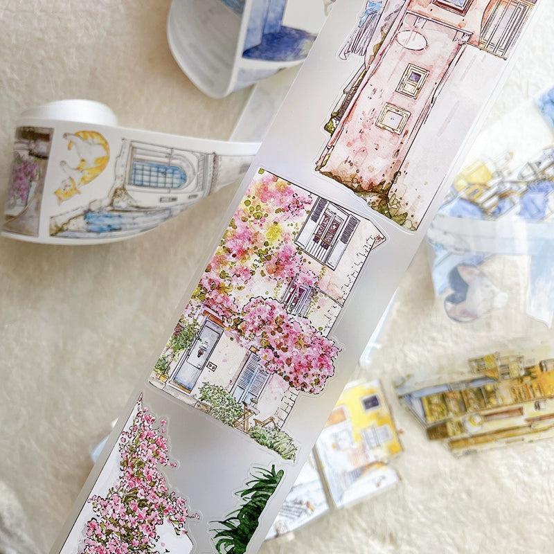 Seahorse Forest Vol6【A38#Corner】Cute Cat and House Scenery,Original Design Pre-Cut Washi/PET Tape Stickers,for Scrapbook Supplies,Junk Journal Supplies