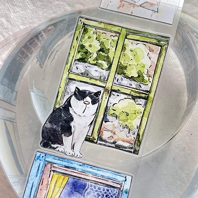Seahorse Forest Vol5【A31#Inside and Outside】Cute Cat and Doors&Windows Scene,Original Design Pre-Cut Washi/PET Tape Stickers,for Scrapbook Supplies,Junk Journal Supplies