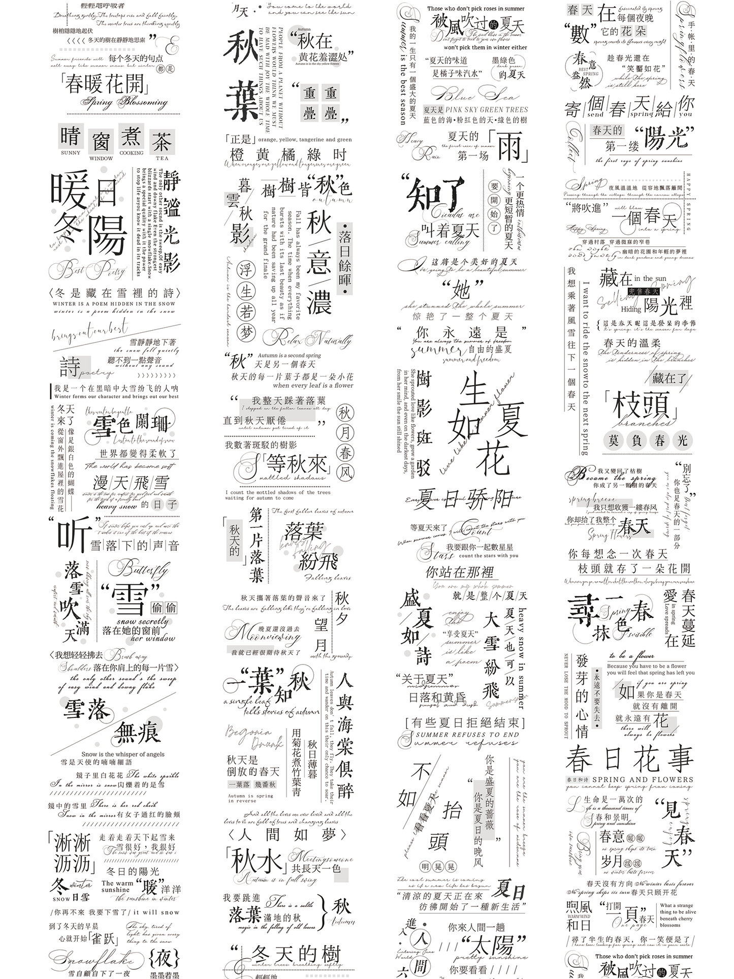 MoMoRuoMo-Vol5【Spring, Summer, Autumn and Winter】Chinese Text PET Tape,for Scrapbook Supplies,Scrapbook Tape Stickers,Junk Journal Supplies