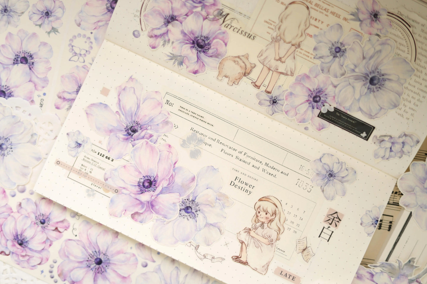 XiaoBaiJia【Silver Frost】Light Retro Orginal Design Washi Pet Anemone Floral Tape Light Retro Landscaping Stickers