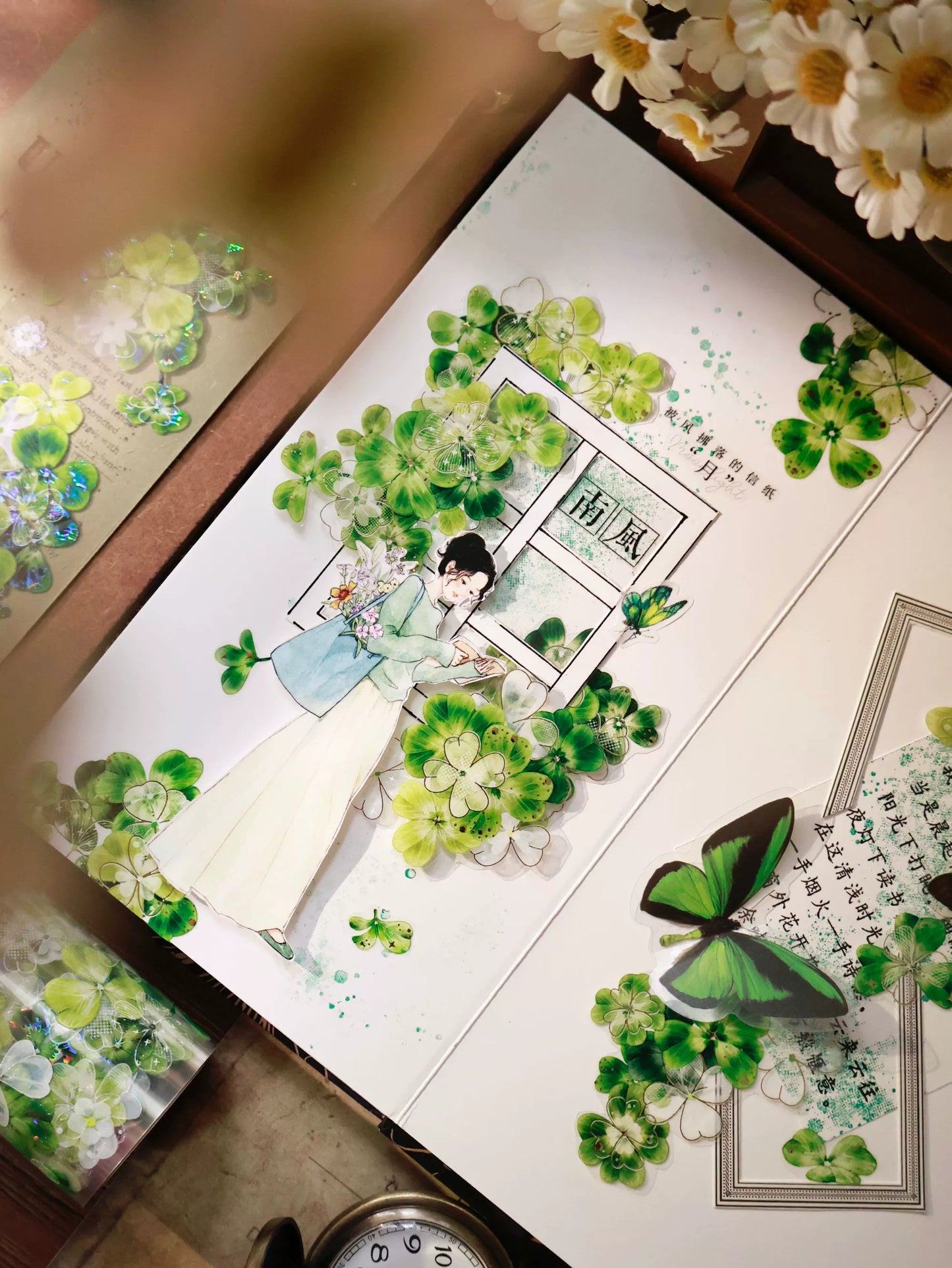 YiEr Vol14【Summer in the Forest Isle】Four Leaf Clover Floral Washi Tape and PET Stickers