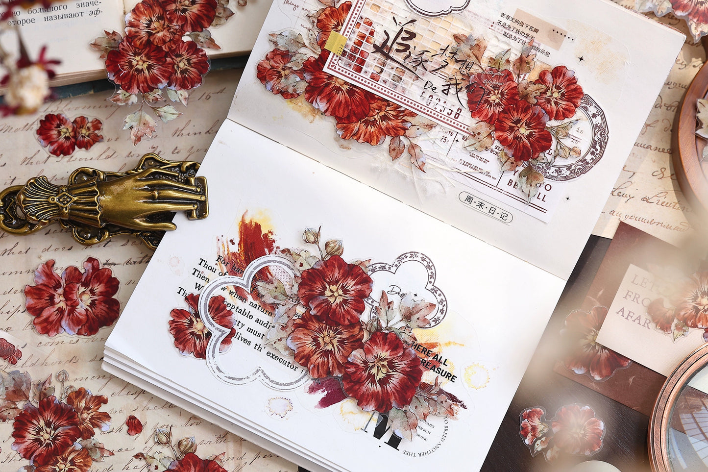 XiaoBaiJia【Hollyhock】Light Retro Red Orange Large and Small Flowers Orginal Design Washi Pet Tape Landscaping Stickers