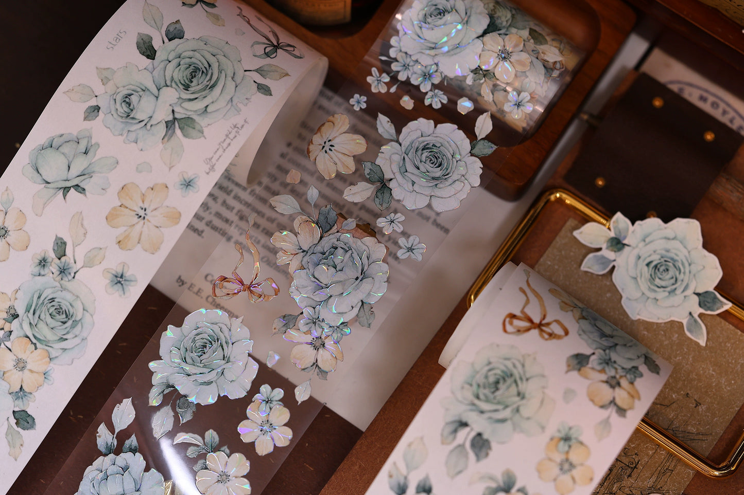 XiaoBaiJia【Clear Sky/Morning Mist】Light Retro Mint Green Flower Orginal Design Washi Pet Floral Tape Landscaping Stickers