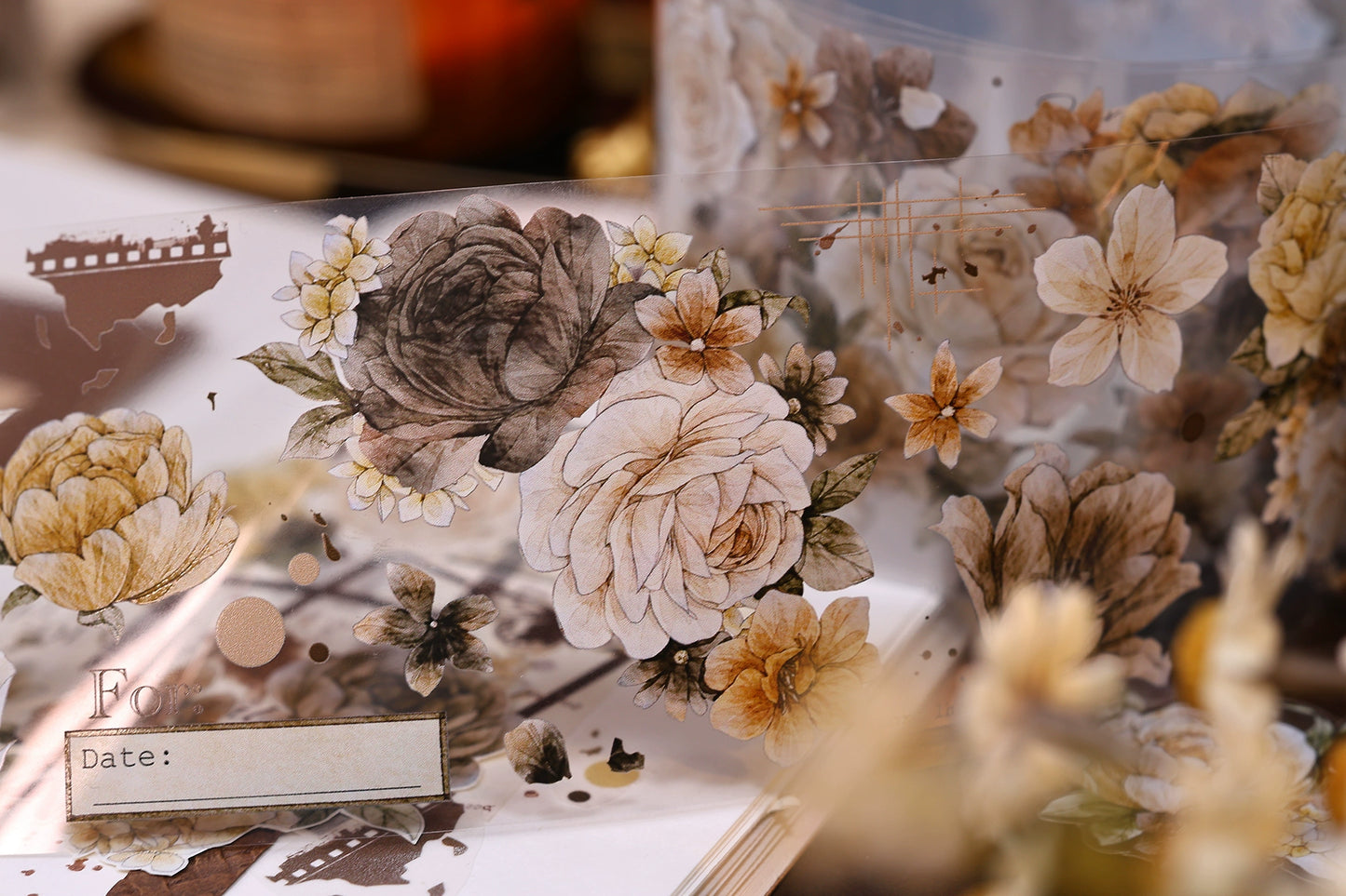XiaoBaiJia【LanYan / Caramel Latte】Light Retro Flower Orginal Design Washi Pet Floral Tape Landscaping Stickers