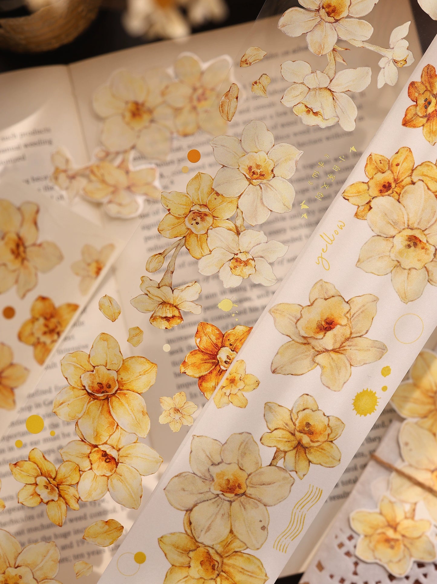 XiaoBaiJia【Narcissus】Light Retro Orange Yellow Big and Small Flowers Orginal Design Washi Pet Tape Landscaping Stickers
