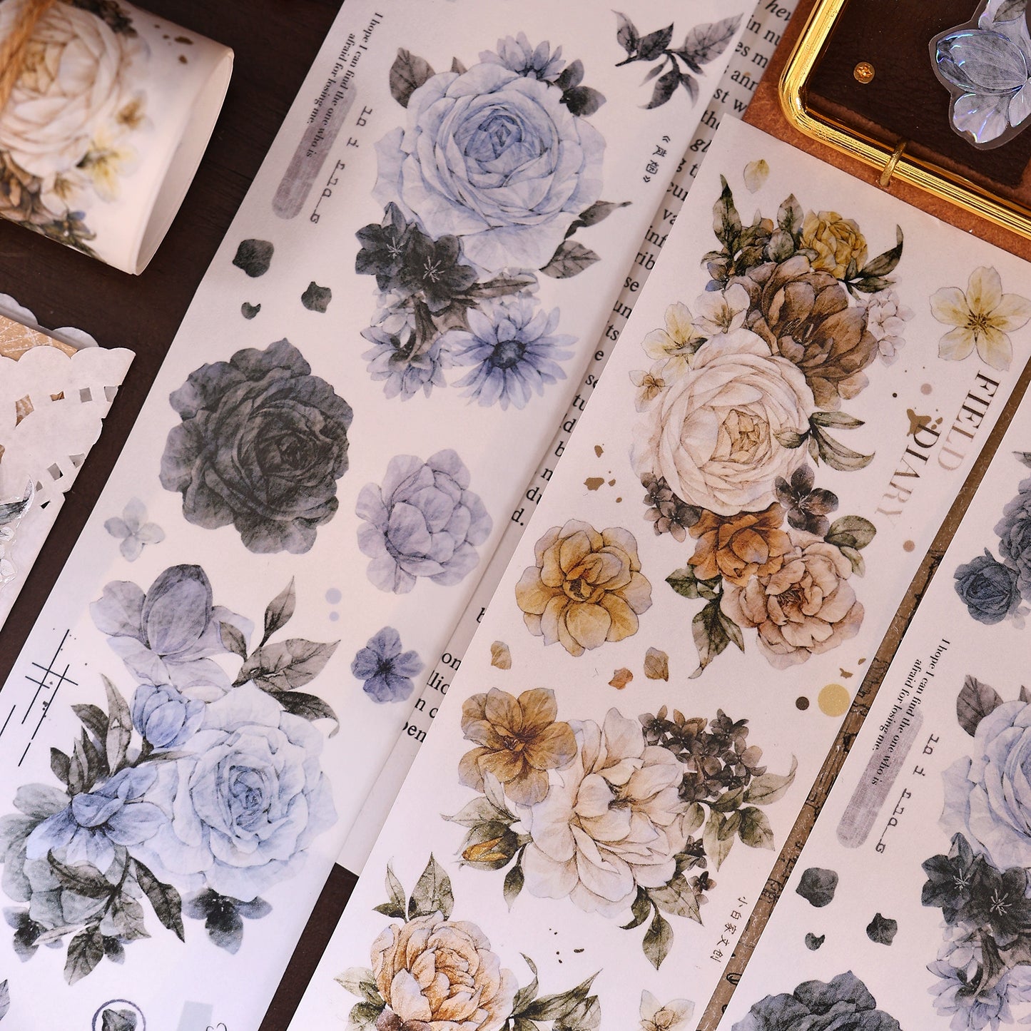 XiaoBaiJia【LanYan / Caramel Latte】Light Retro Flower Orginal Design Washi Pet Floral Tape Landscaping Stickers