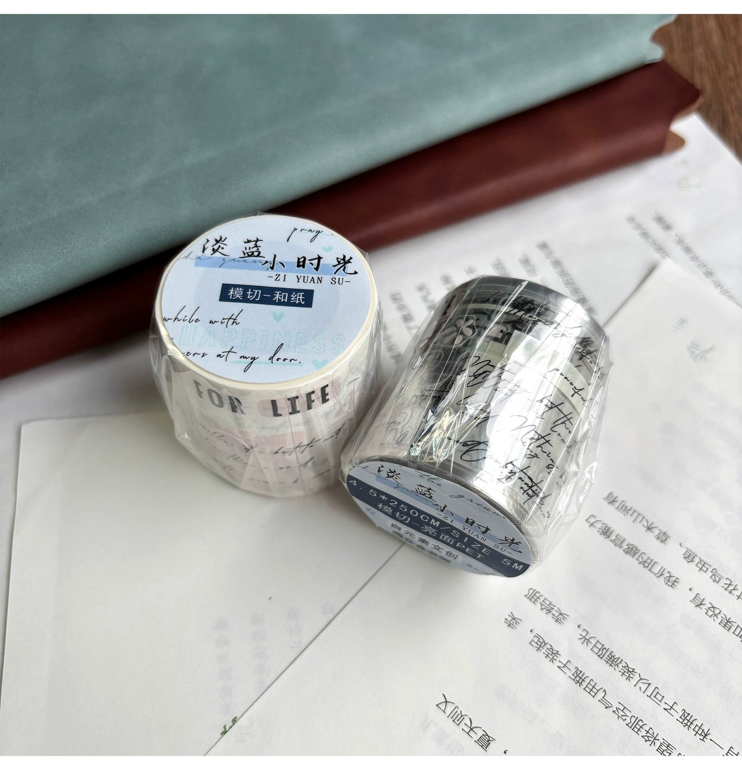 ZiYuanSu【Light Blue and Little Time】Background Text Pre-cut Washi/PET Tape,for Scrapbook Supplies,Scrapbook Tape Stickers,Junk Journal Supplies