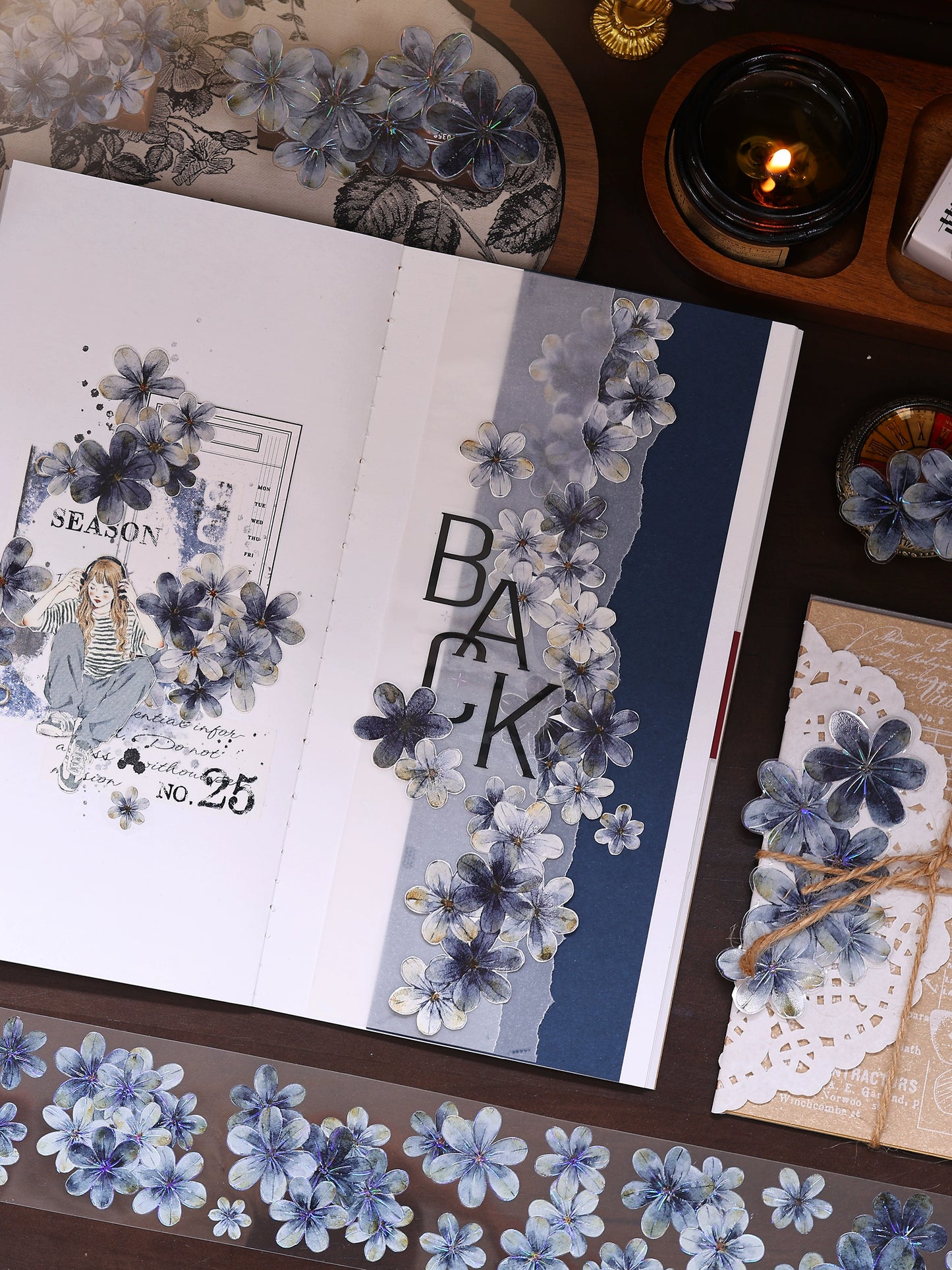 XiaoBaiJia【Deep Blue】Light Retro Blue-Black Flower Orginal Design Washi Pet Floral Tape Landscaping Stickers