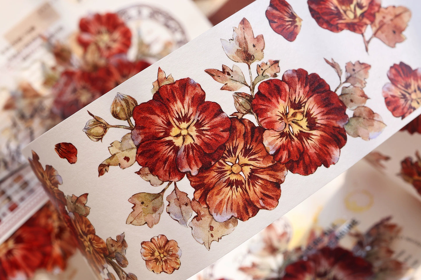 XiaoBaiJia【Hollyhock】Light Retro Red Orange Large and Small Flowers Orginal Design Washi Pet Tape Landscaping Stickers