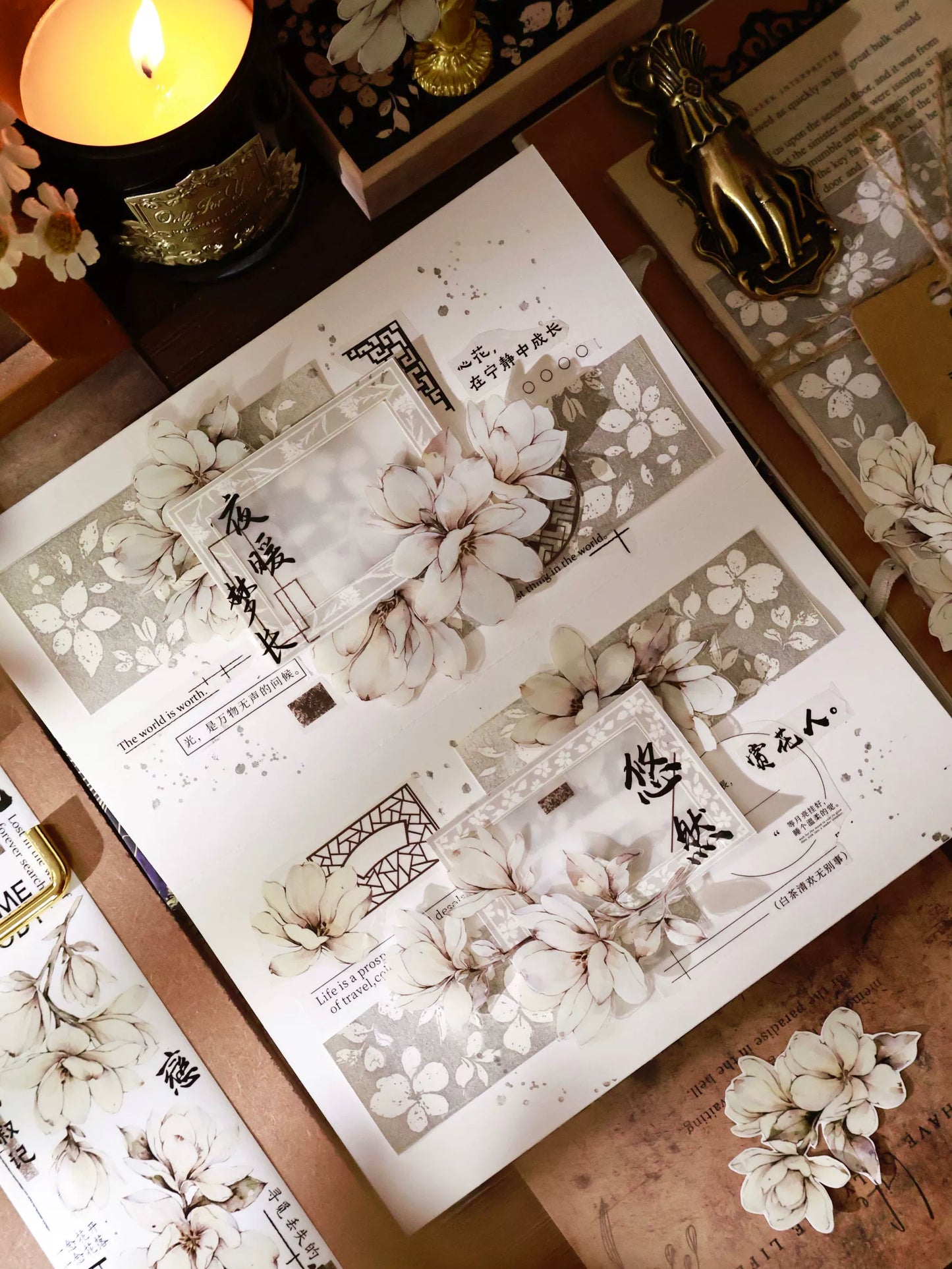 YiEr Vol14【Moon Condensation Fragrance】Ancient Style Magnolia Floral Washi Tape and PET Stickers