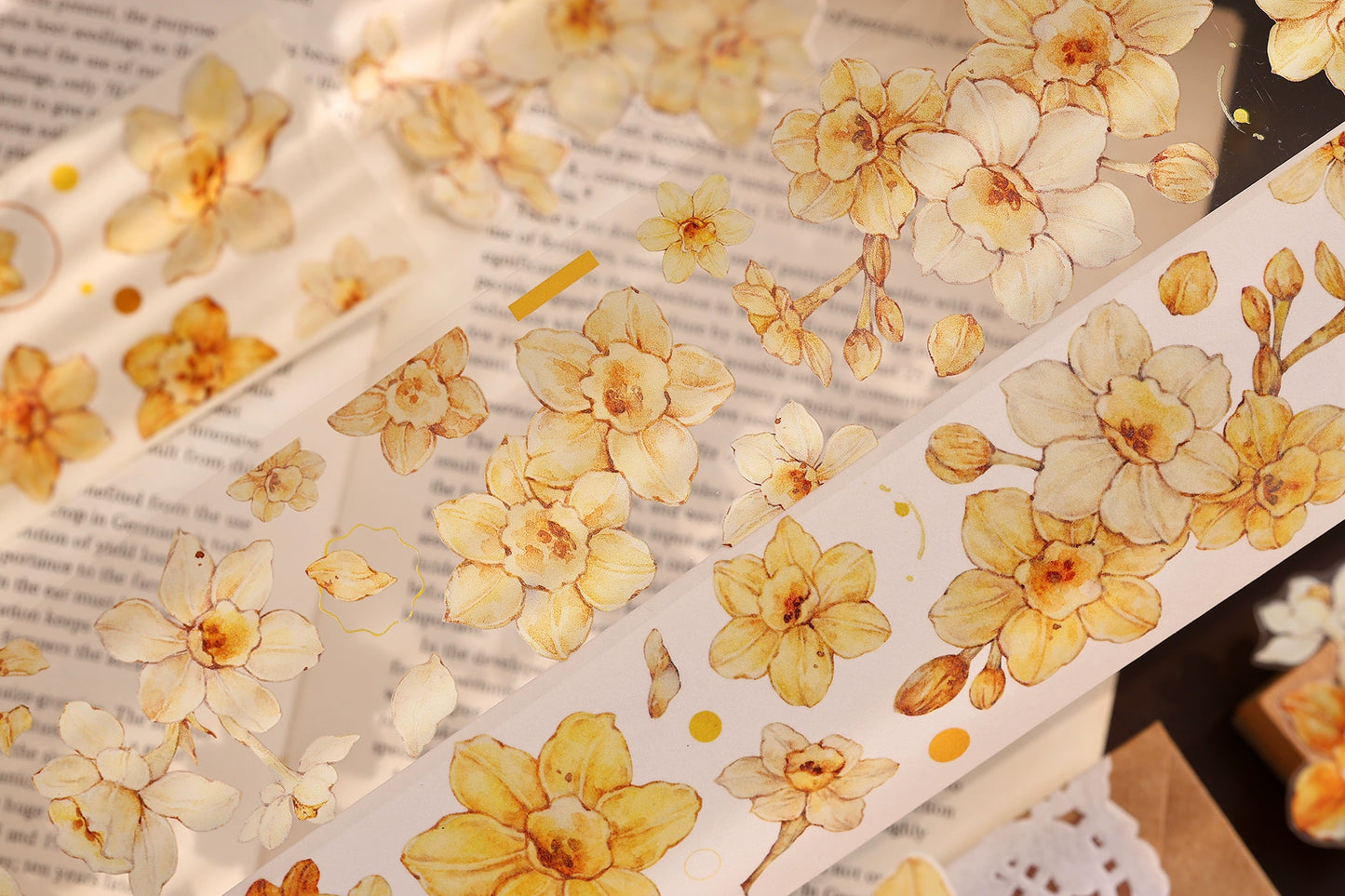 XiaoBaiJia【Narcissus】Light Retro Orange Yellow Big and Small Flowers Orginal Design Washi Pet Tape Landscaping Stickers