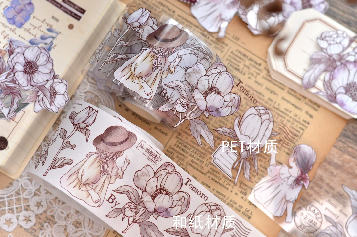 XiaoBaiJia【The Symbolism of Flowers】Light Retro Orginal Design Washi Pet Floral Tape Light Retro Landscaping Stickers