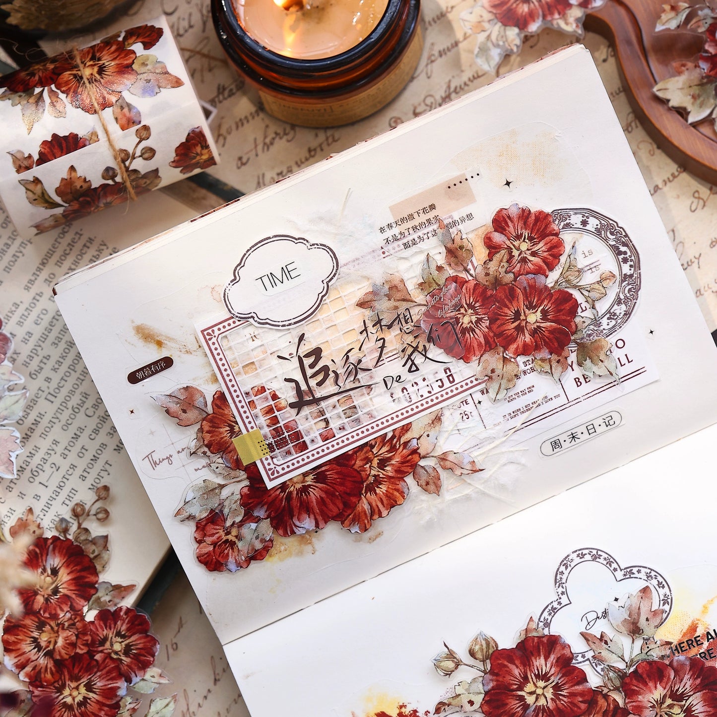 XiaoBaiJia【Hollyhock】Light Retro Red Orange Large and Small Flowers Orginal Design Washi Pet Tape Landscaping Stickers