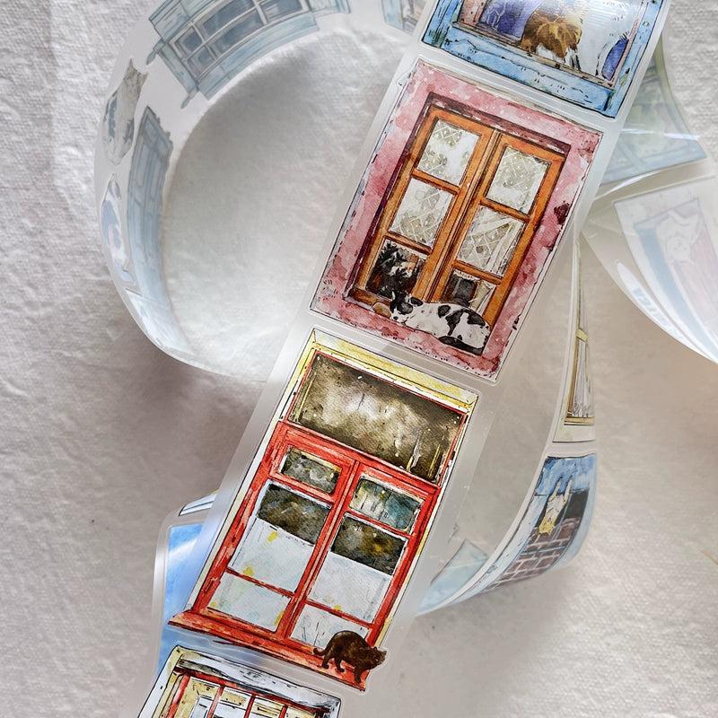 Seahorse Forest Vol5【A31#Inside and Outside】Cute Cat and Doors&Windows Scene,Original Design Pre-Cut Washi/PET Tape Stickers,for Scrapbook Supplies,Junk Journal Supplies